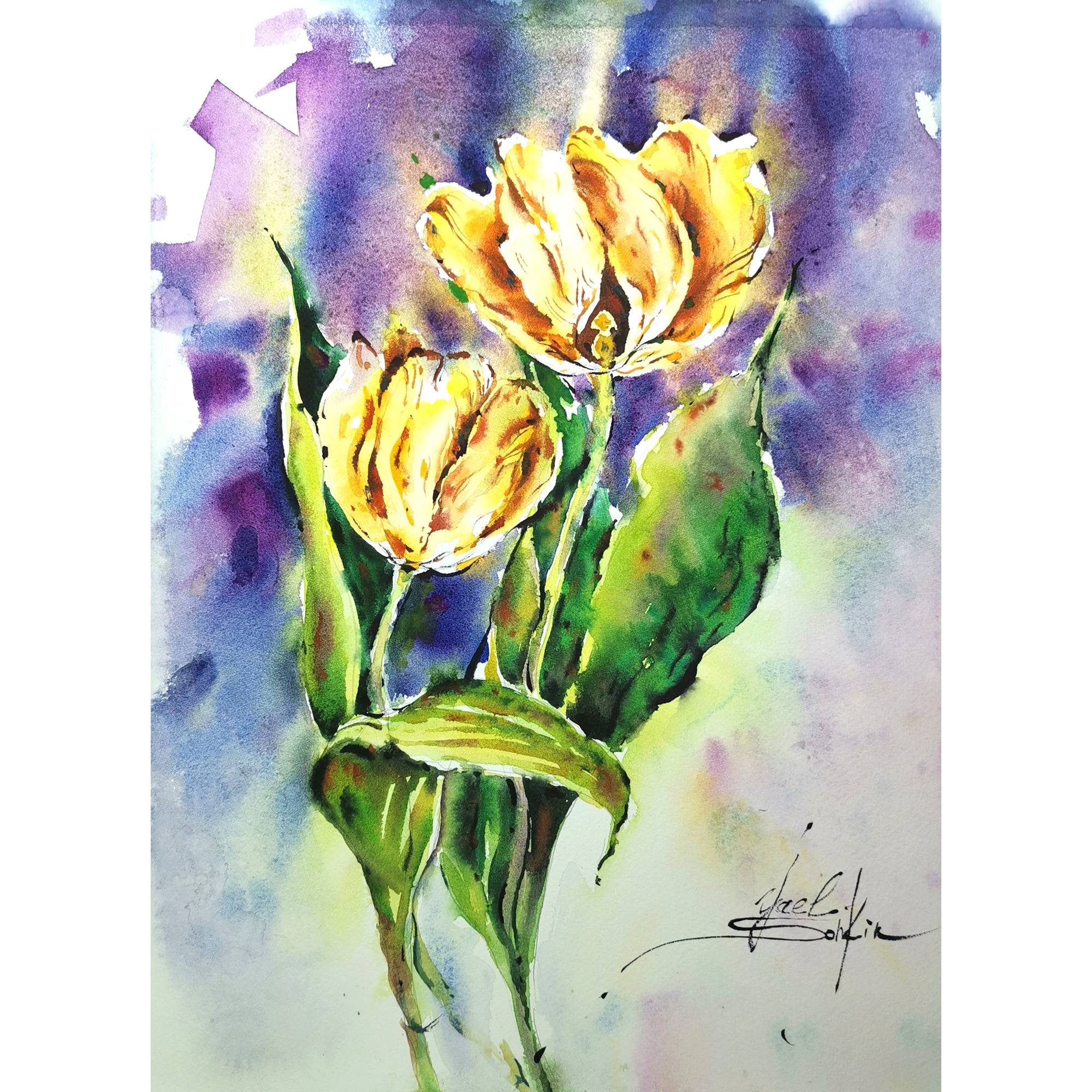 Original watercolor painting of yellow tulips by artist Yael Natali. Vibrant floral artwork featuring golden tulips with green leaves on a soft violet and blue background, symbolizing spring, light, and renewal. Hand-painted botanical wall art in expressive modern watercolor style