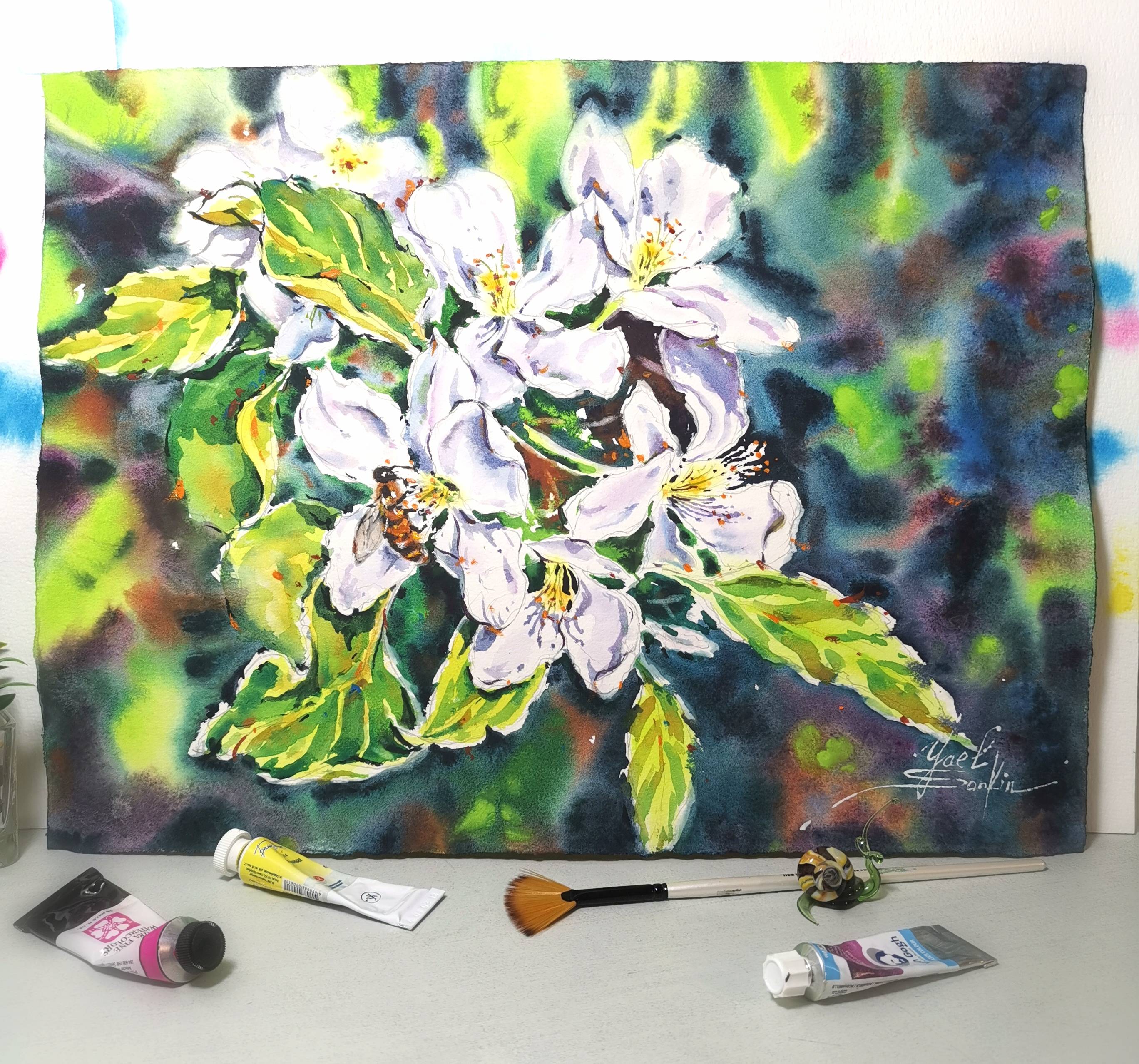 Original Watercolor Apple Tree Blossoms and Bee Painting - Spring Floral Wall Art — image 4