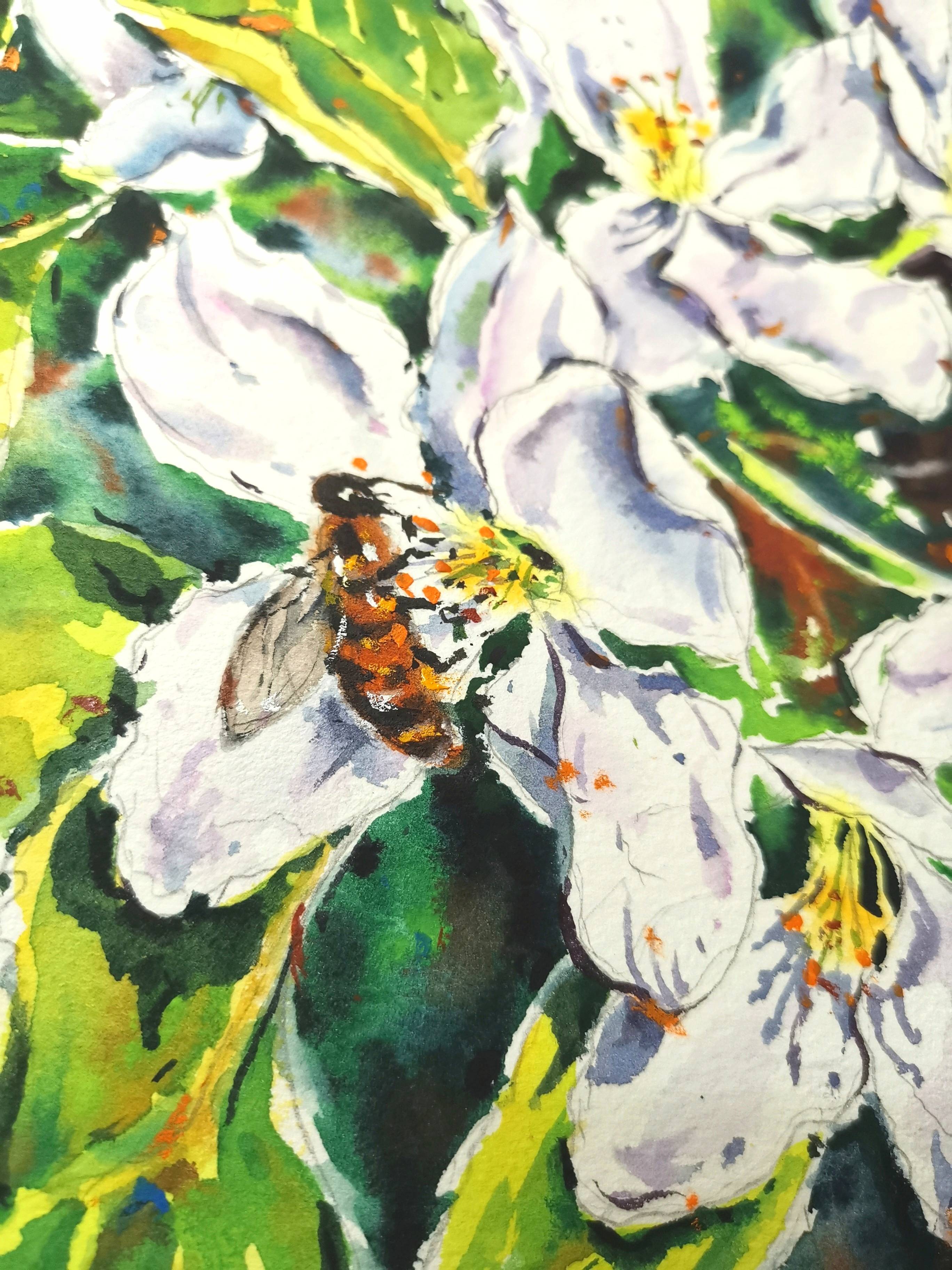 Original Watercolor Apple Tree Blossoms and Bee Painting - Spring Floral Wall Art — image 2