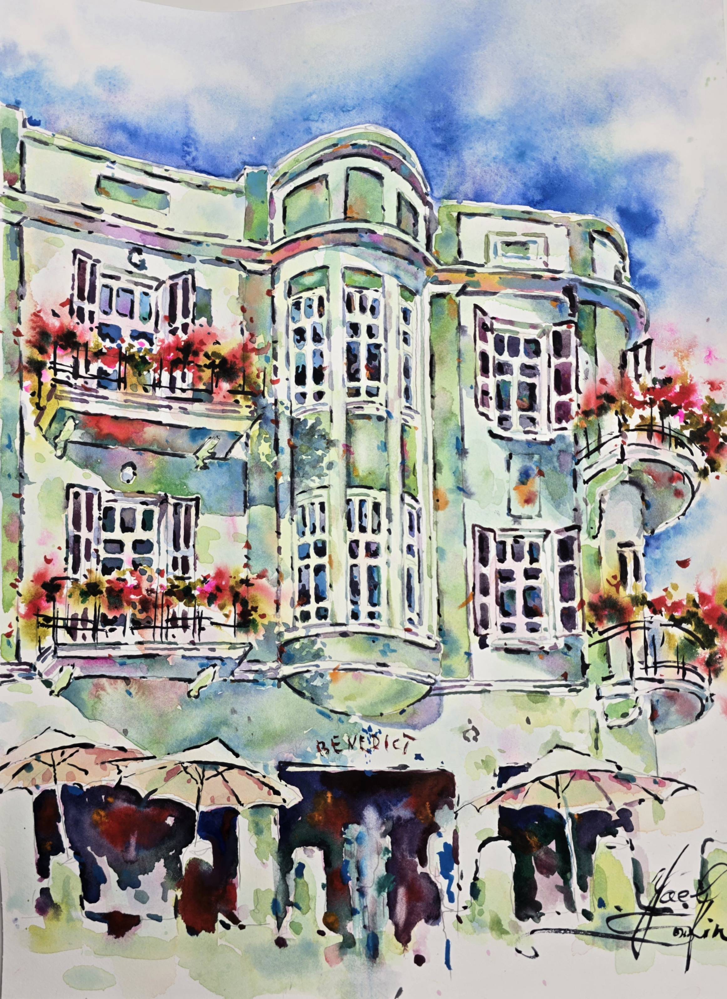 Tel Aviv Architecture Watercolor Painting Original Cityscape Travel Wall Art