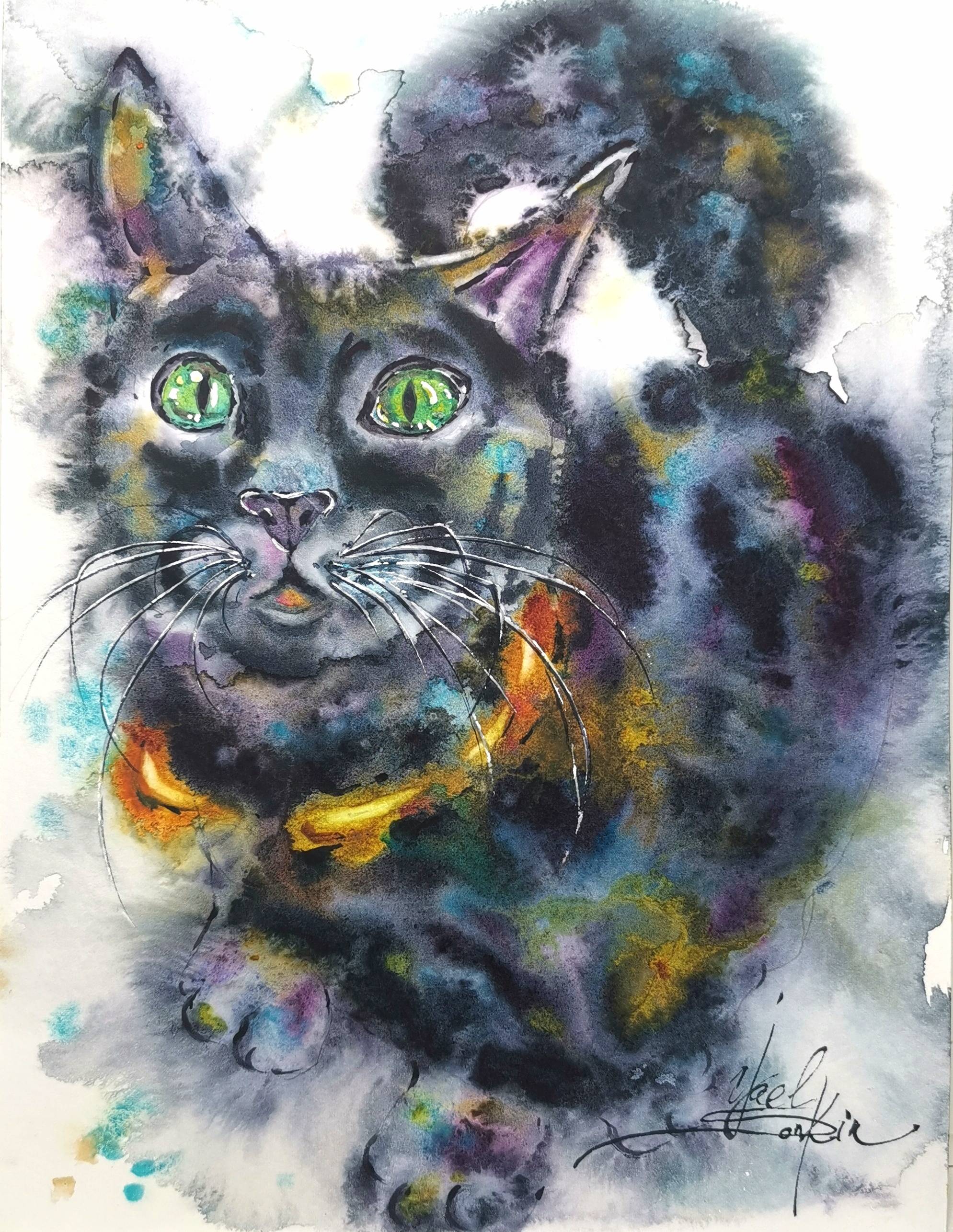 original watercolor painting “Colorful Black Cat” by Yael Natali - expressive portrait of a black cat with bright green eyes and multicolored fur in yellow, blue, and violet tones, modern animal art