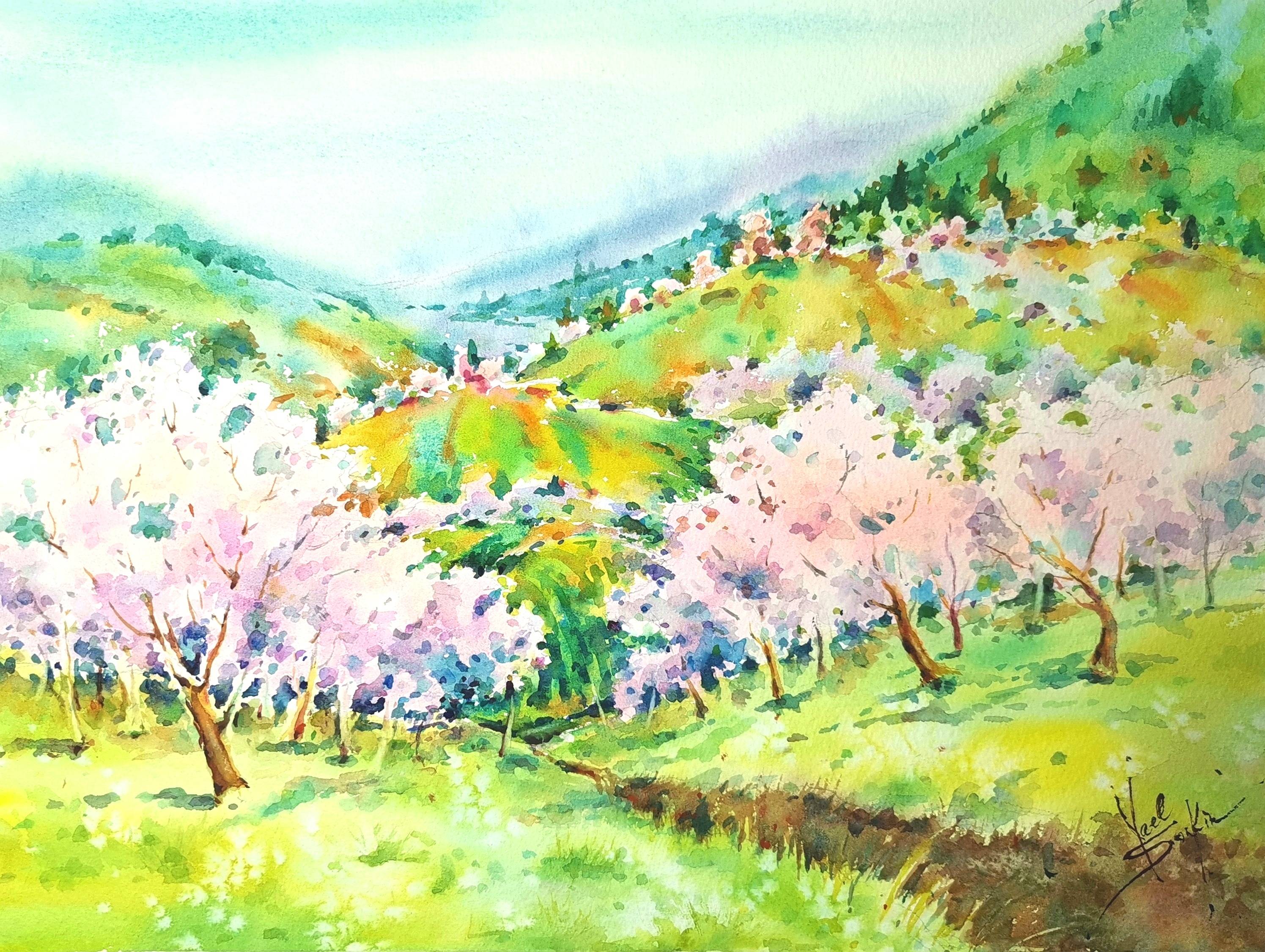 original watercolor painting of a blooming orchard with pink blossom trees, green hills, and spring landscape scenery by artist Yael Natali