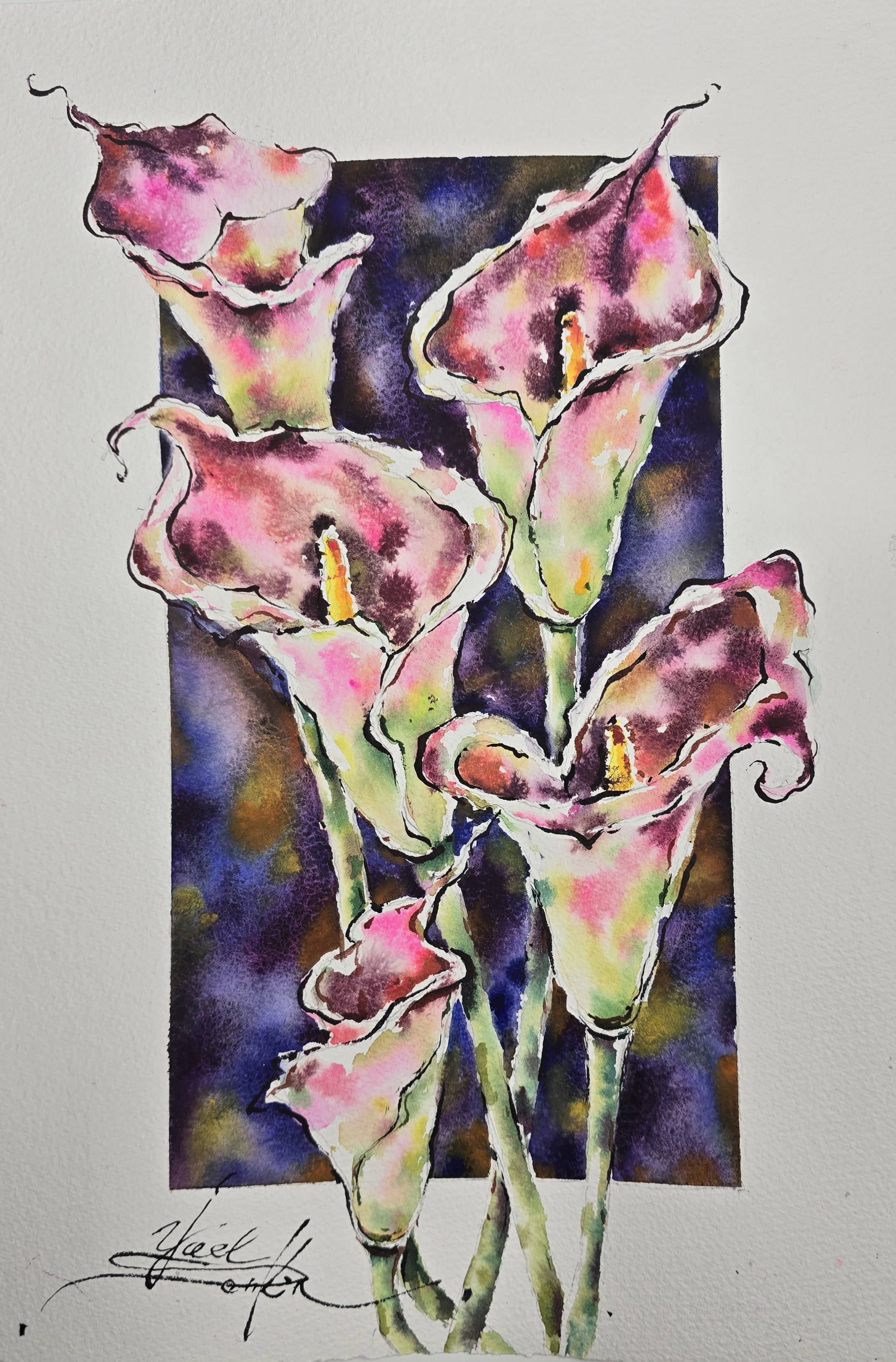original watercolor painting of calla lilies captures the elegance and timeless beauty of these flowers by artist yael natali