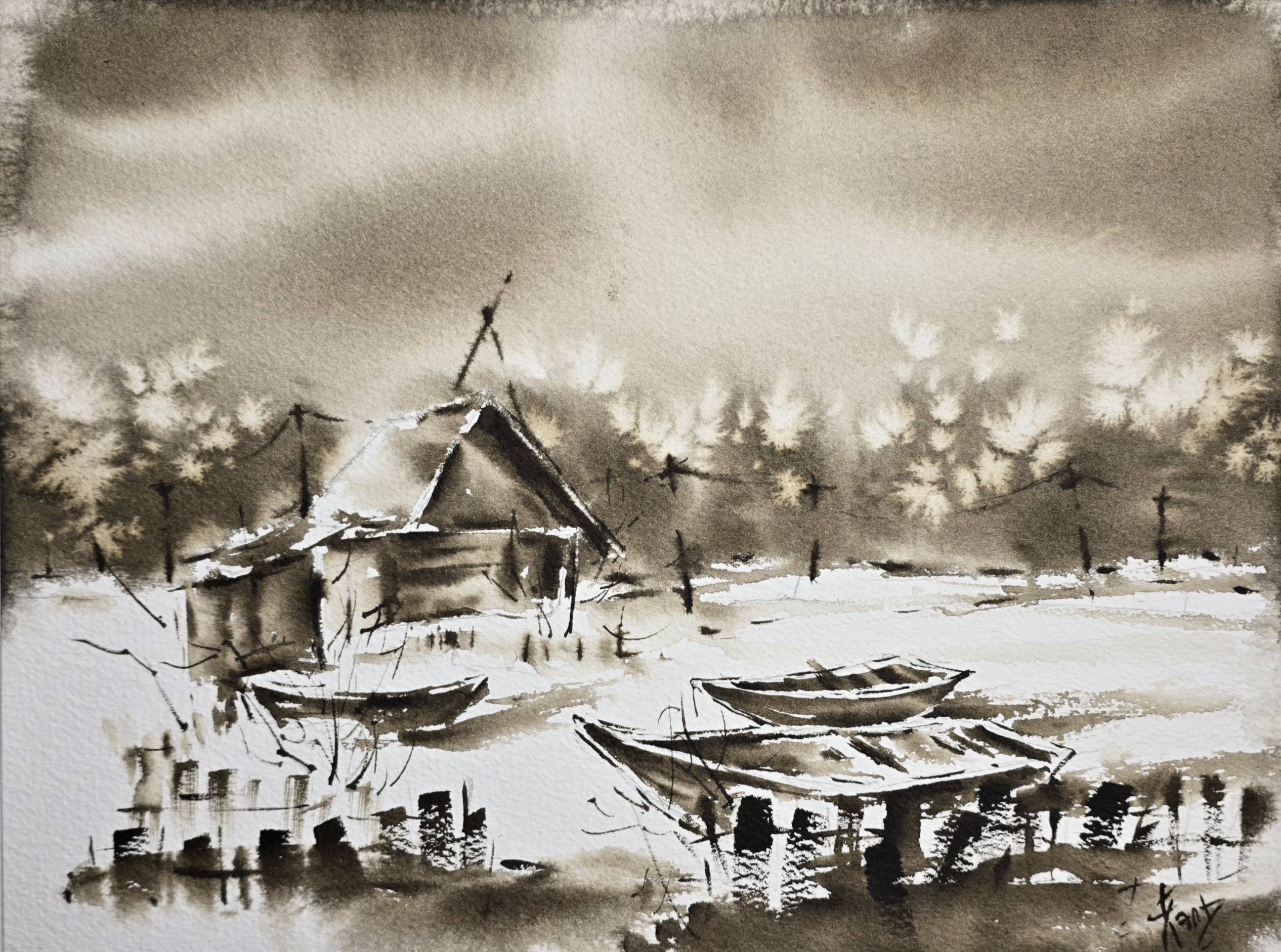 Monochrome Winter Village Watercolor - Original Snow Landscape Wall Art