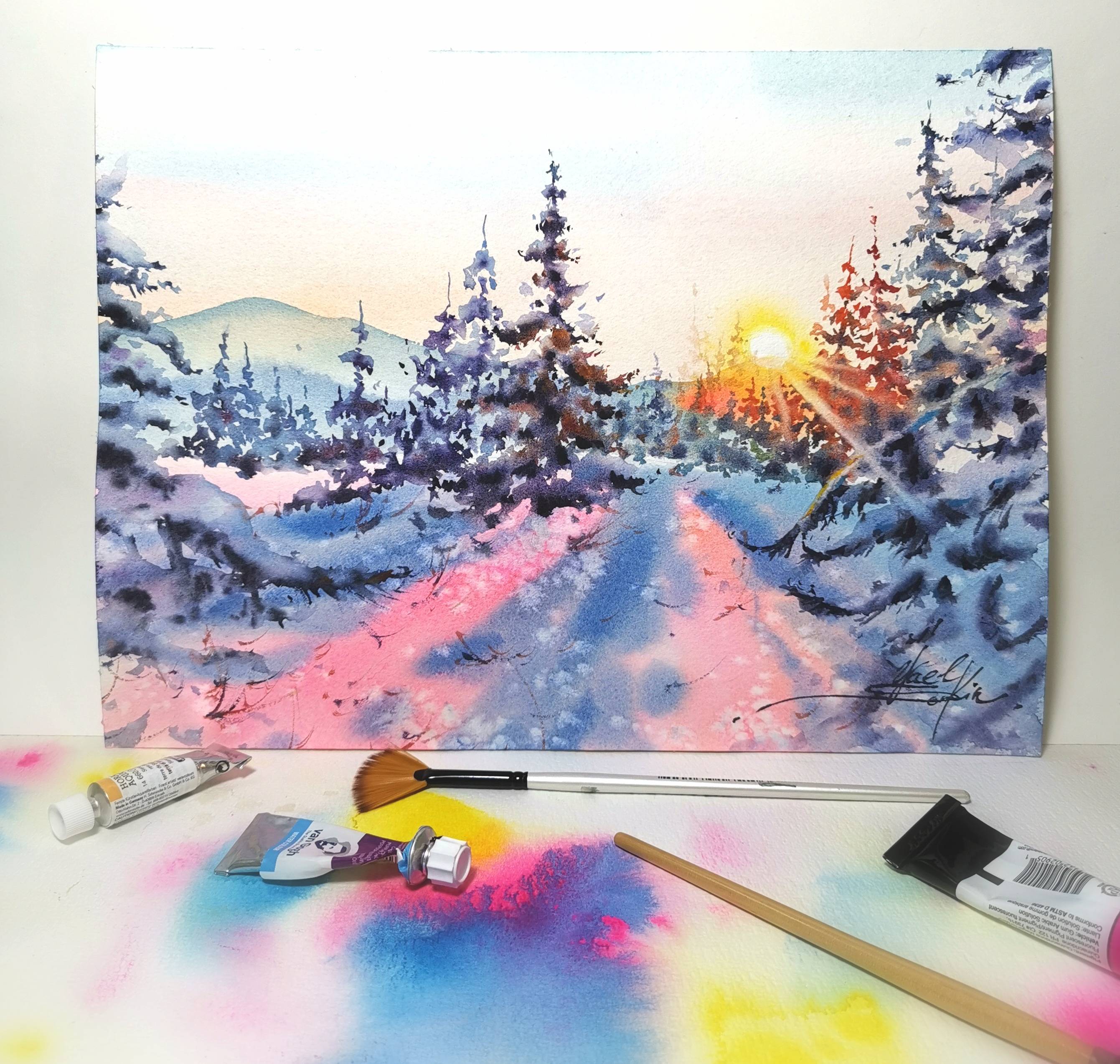 Original watercolor painting Winter landscape  — image 2