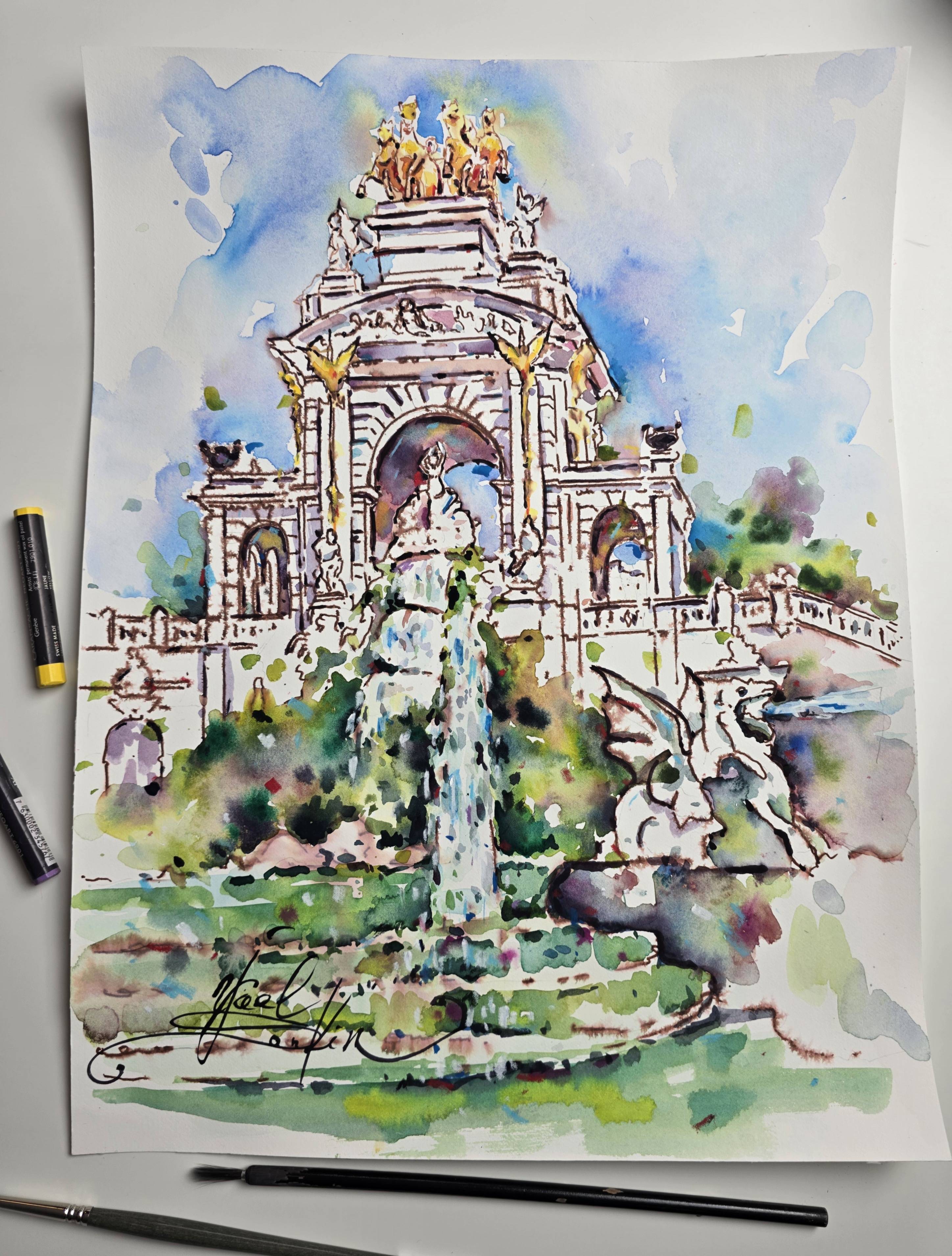 Original Watercolor Cascada Monumental Fountain Painting - Barcelona Cityscape Wall Art — image 2
