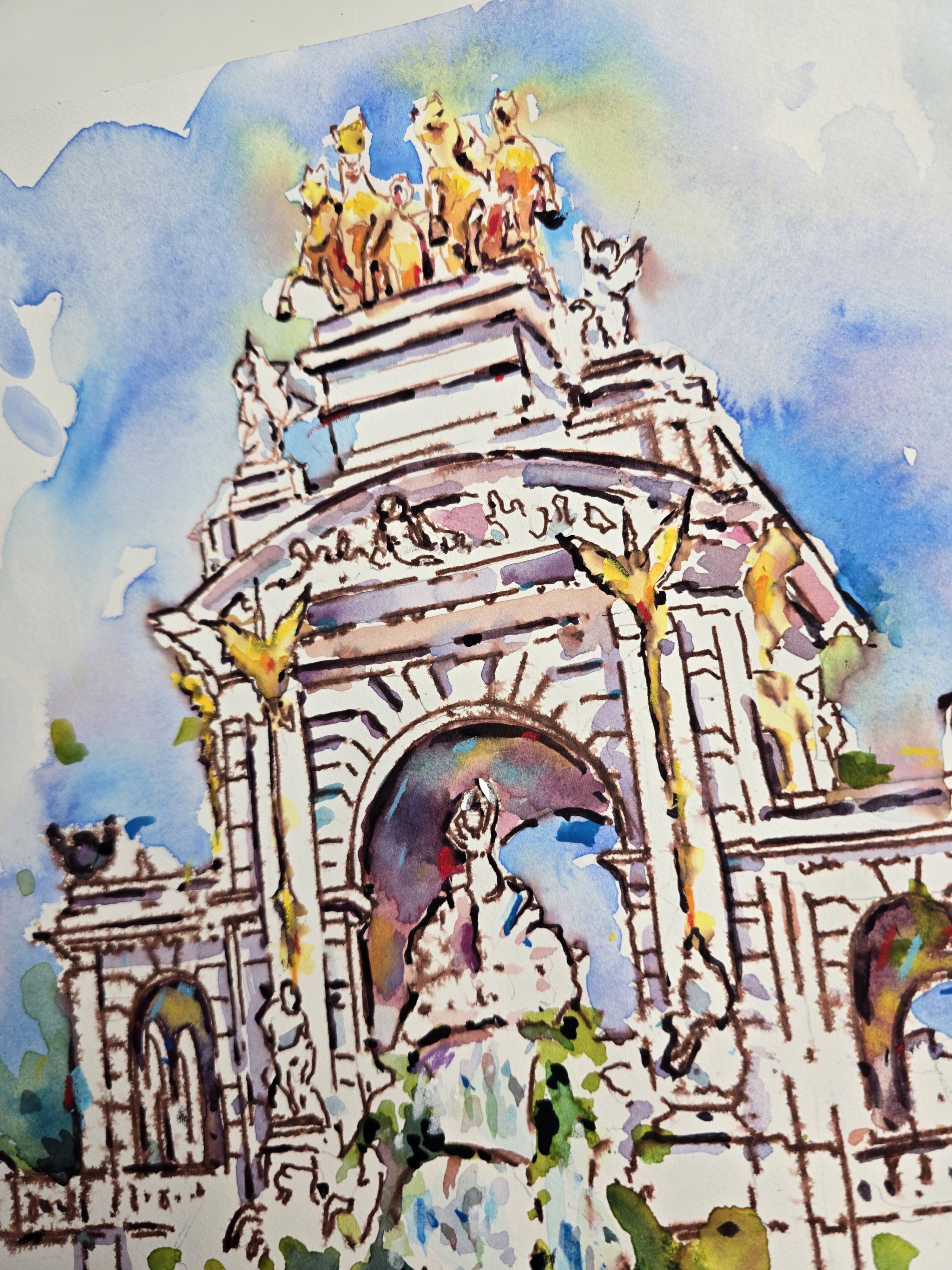 Original Watercolor Cascada Monumental Fountain Painting - Barcelona Cityscape Wall Art — image 3