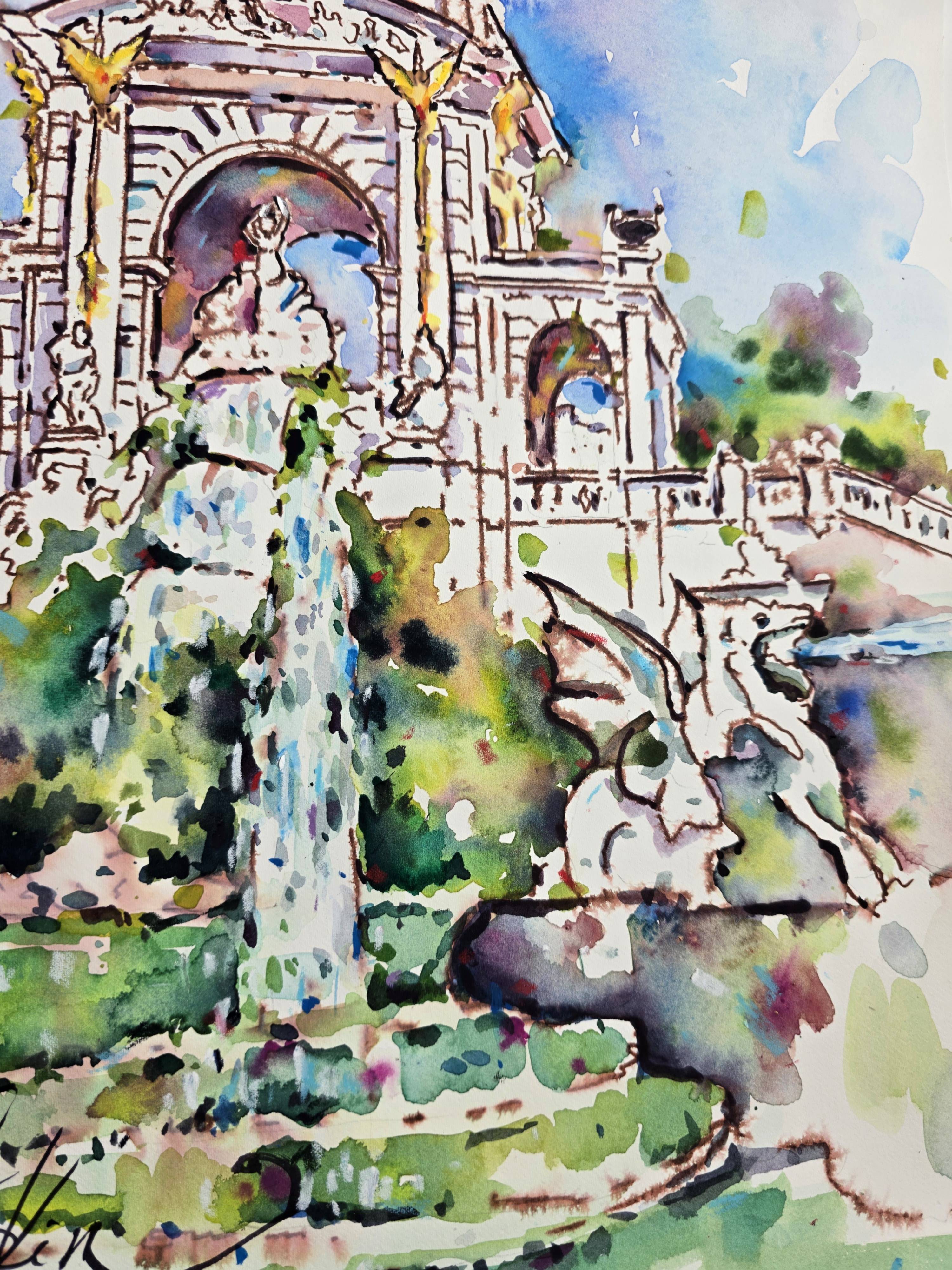 Original Watercolor Cascada Monumental Fountain Painting - Barcelona Cityscape Wall Art — image 4