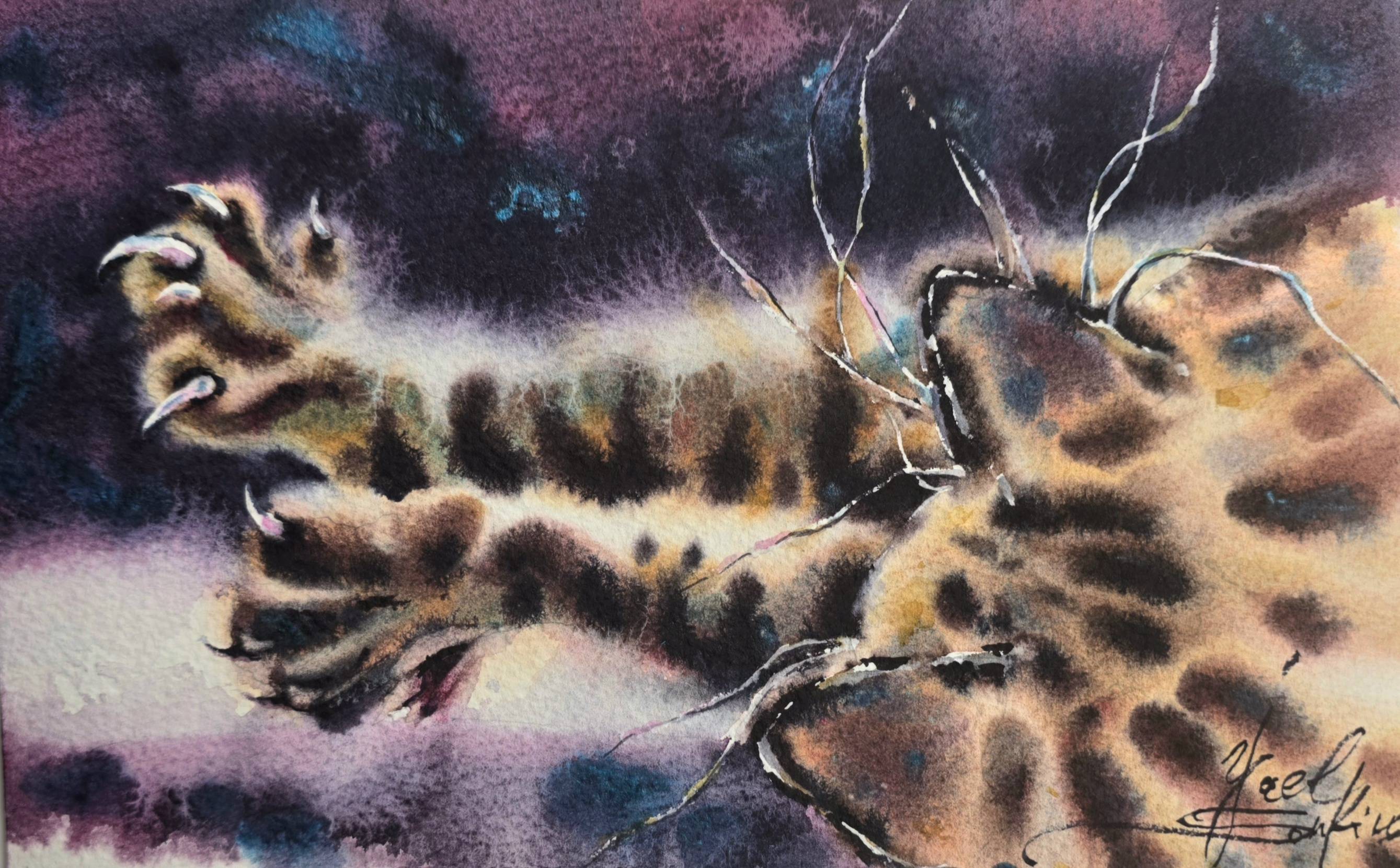 Original watercolor painting of a stretching cat with extended paws, cozy animal art