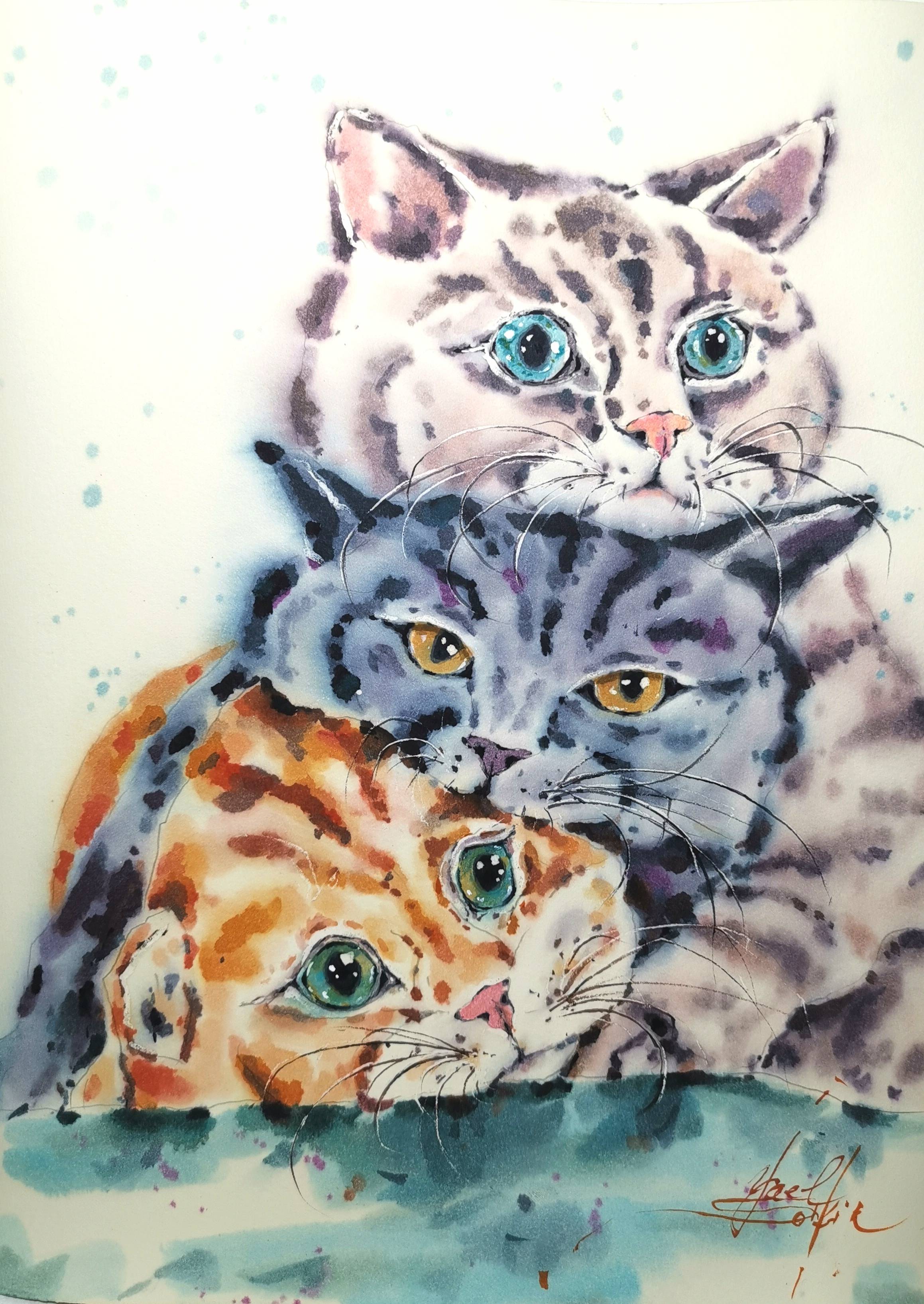 original watercolor painting of three cats, gray tabby, smoky gray and orange cat with bright expressive eyes by artist Yael Natali