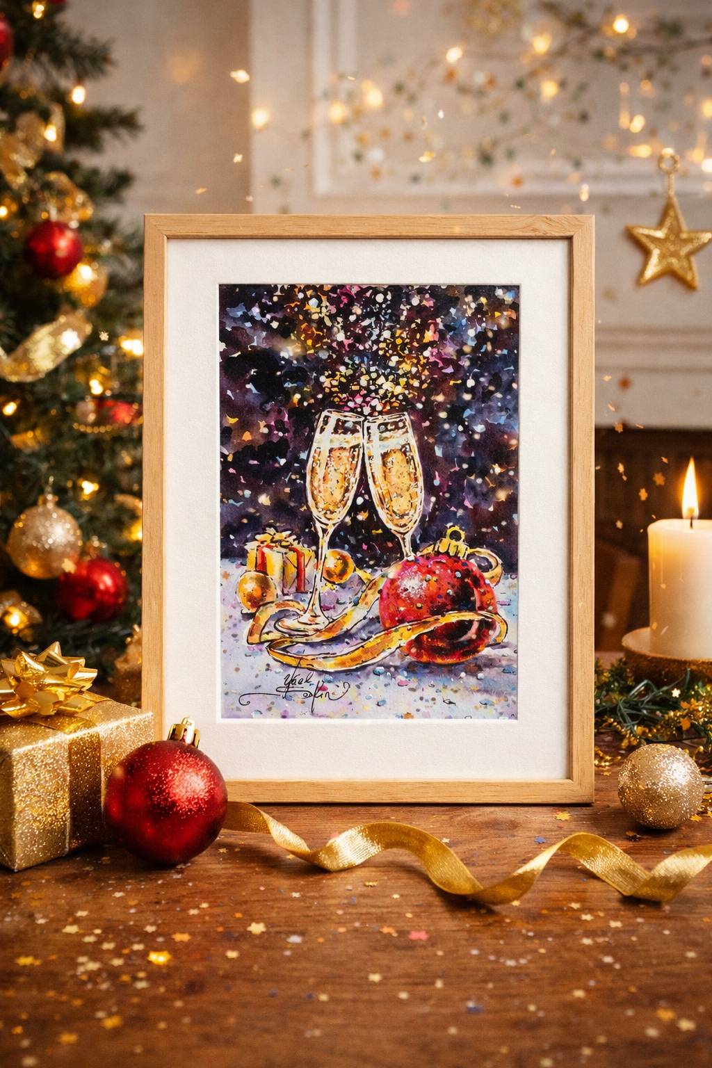 Original Watercolor Christmas Vibes Painting - Festive Still Life Wall Art — image 4