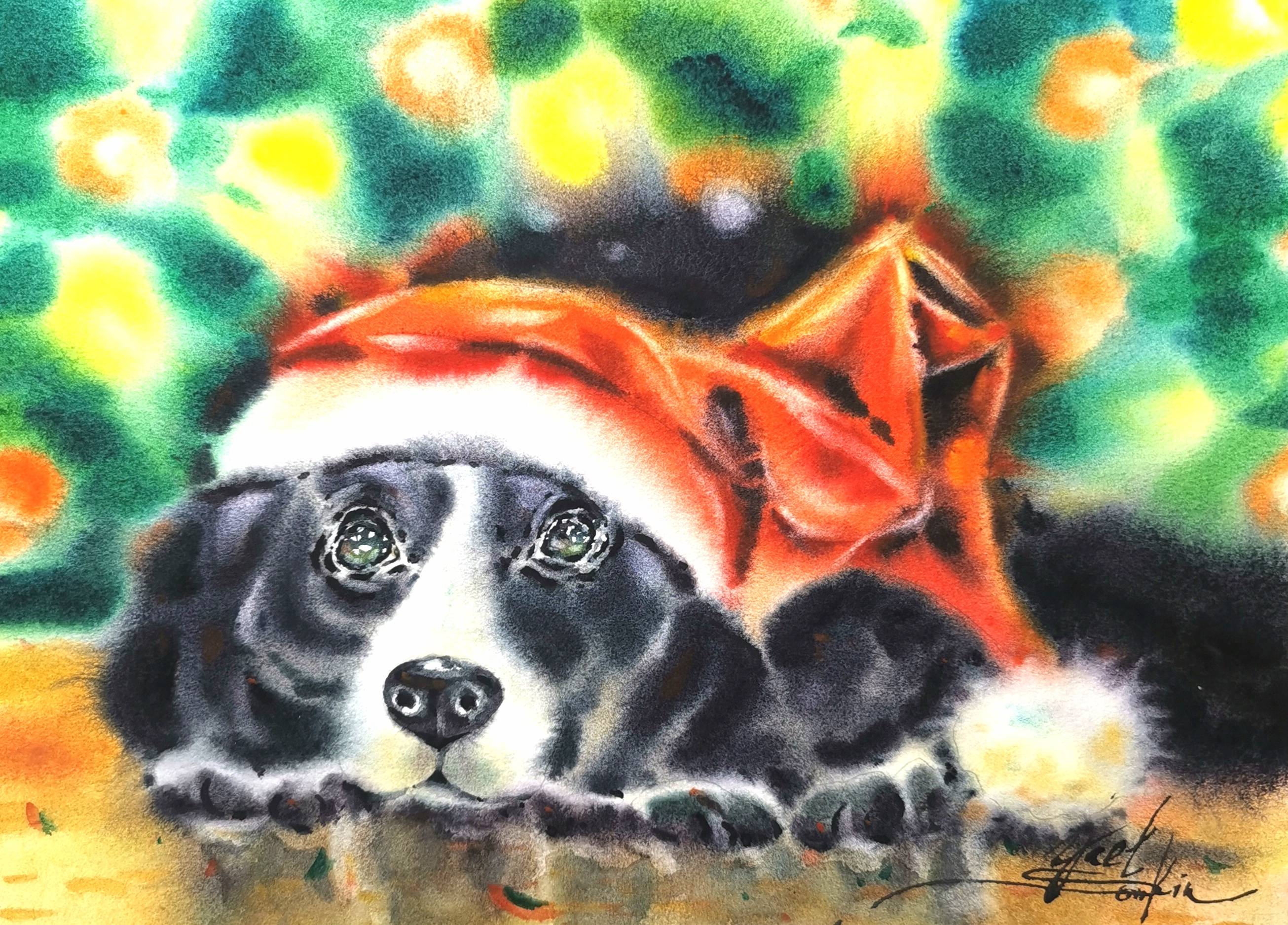 Original watercolor painting of a black dog in a red Santa hat by Yael Natali. Christmas pet art with festive holiday lights, cozy atmosphere, and emotional expression.