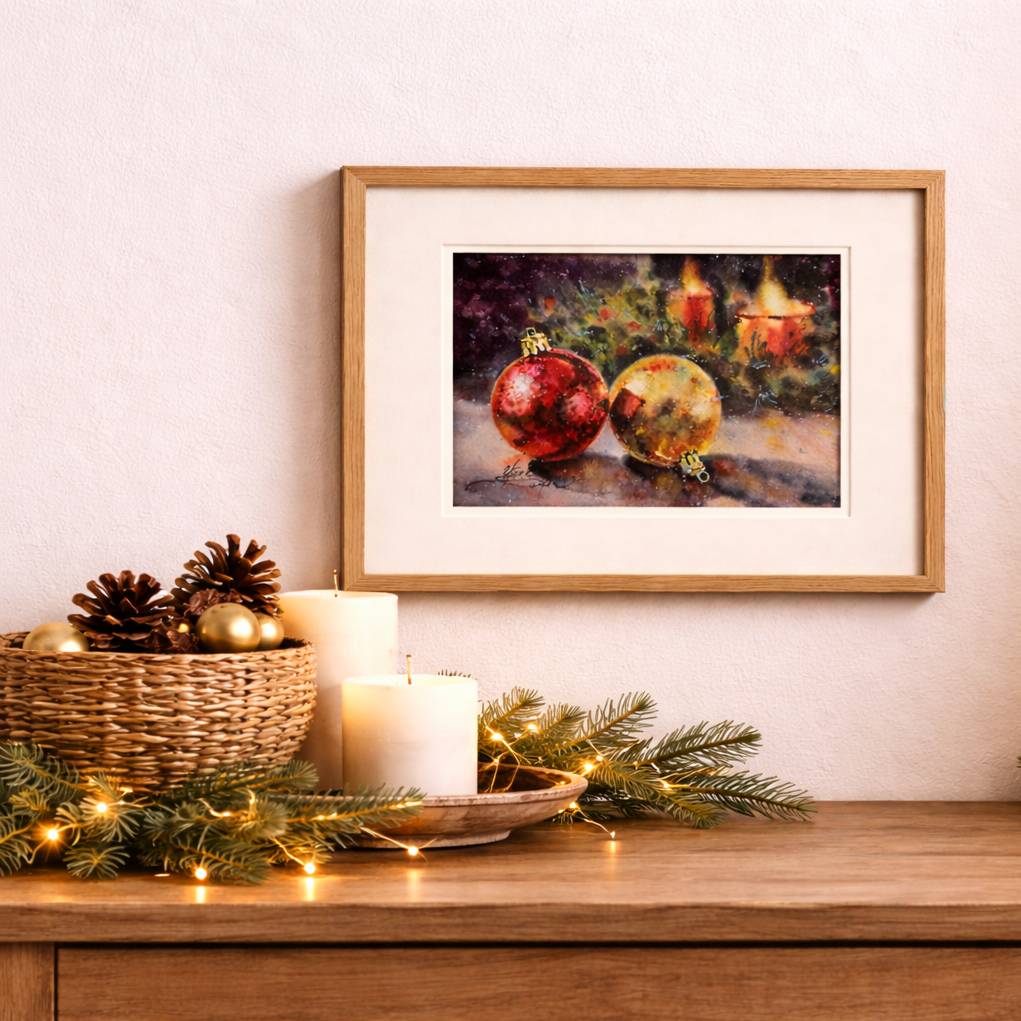 Original Watercolor Christmas Ornaments Painting - Festive Still Life Art — image 4