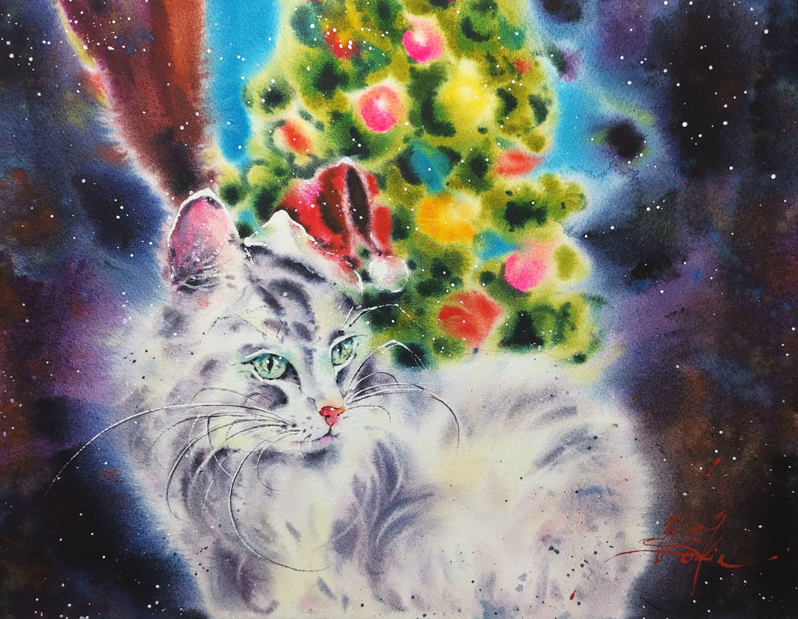 original watercolor painting of white fluffy cat with green eyes sitting near decorated christmas tree, holiday wall art, signed by artist yael natali