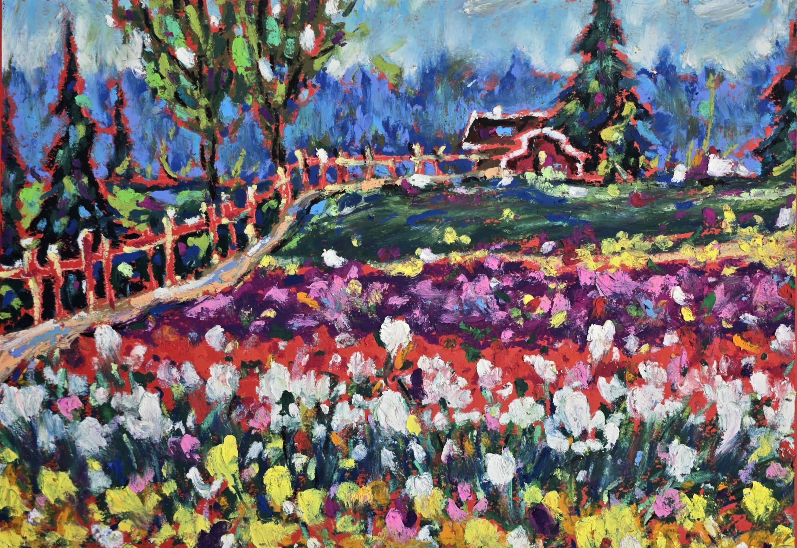 Original Tulip Festival Landscape Oil Pastel Painting - Floral Wall Art