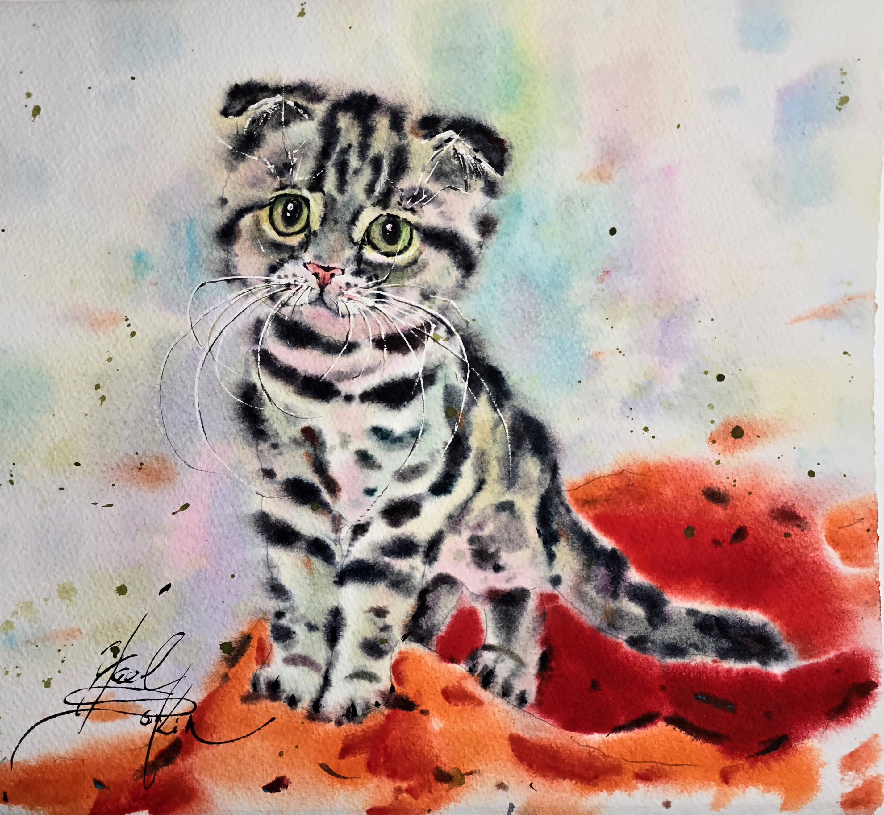 original watercolor painting that captures the charm and innocence of a playful tabby kitten with bright green eyes by artist Yael Natali