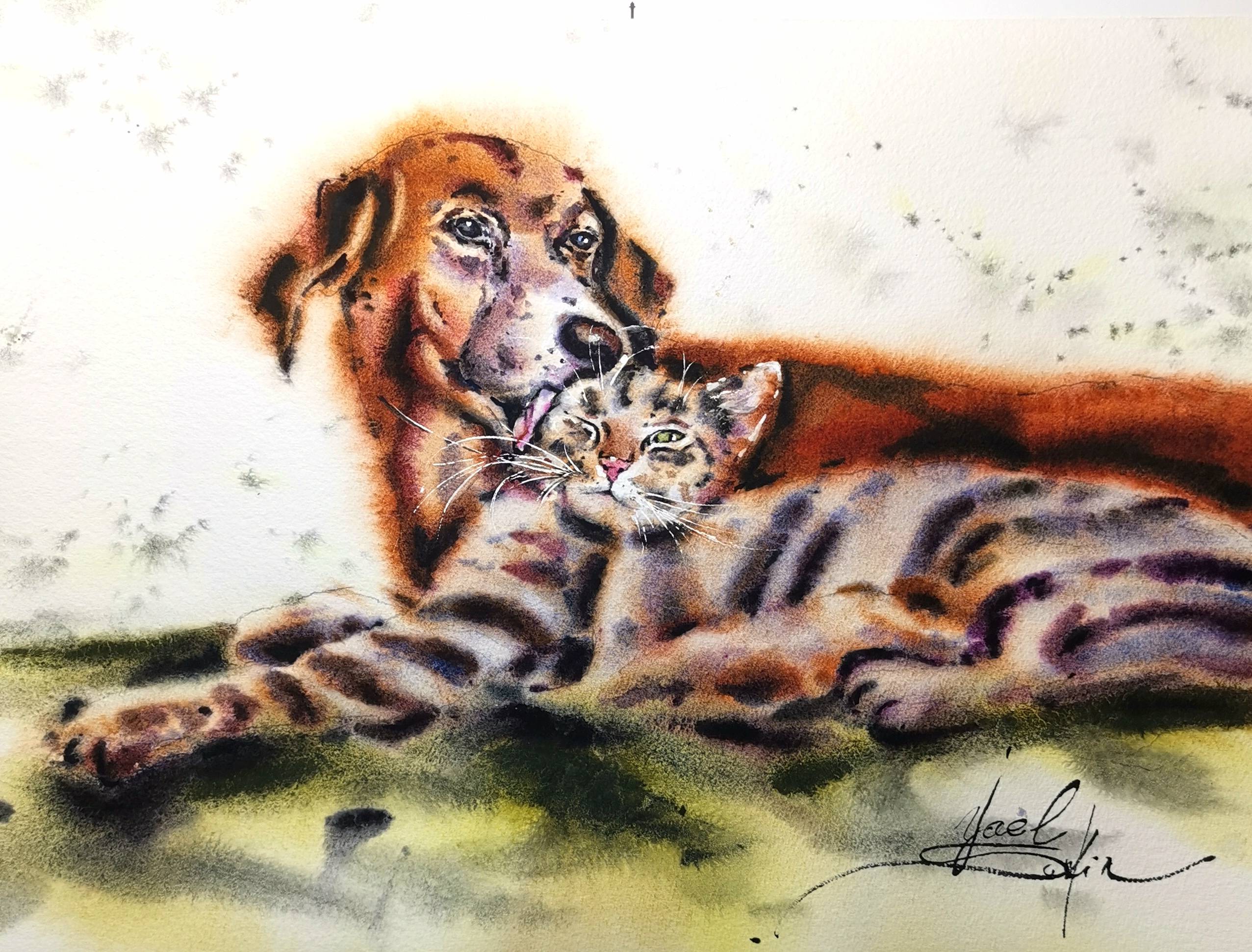 watercolor painting of a brown dog and striped cat cuddling together, symbolizing trust and tenderness - original animal art by Yael Natali