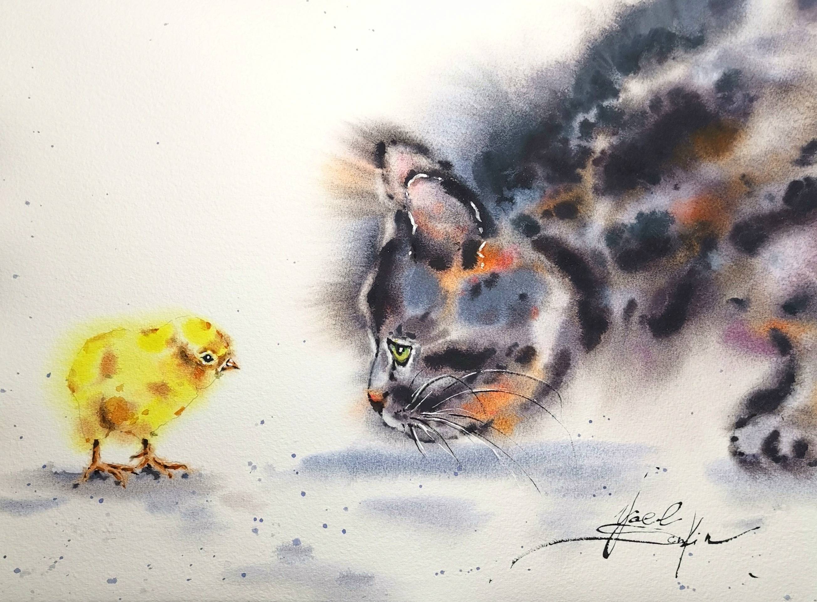 Original watercolor painting of a fluffy cat curiously looking at a small yellow chick by Yael Natali. Animal art in soft pastel tones, symbolizing curiosity and friendship - perfect wall decor for cat and bird lovers