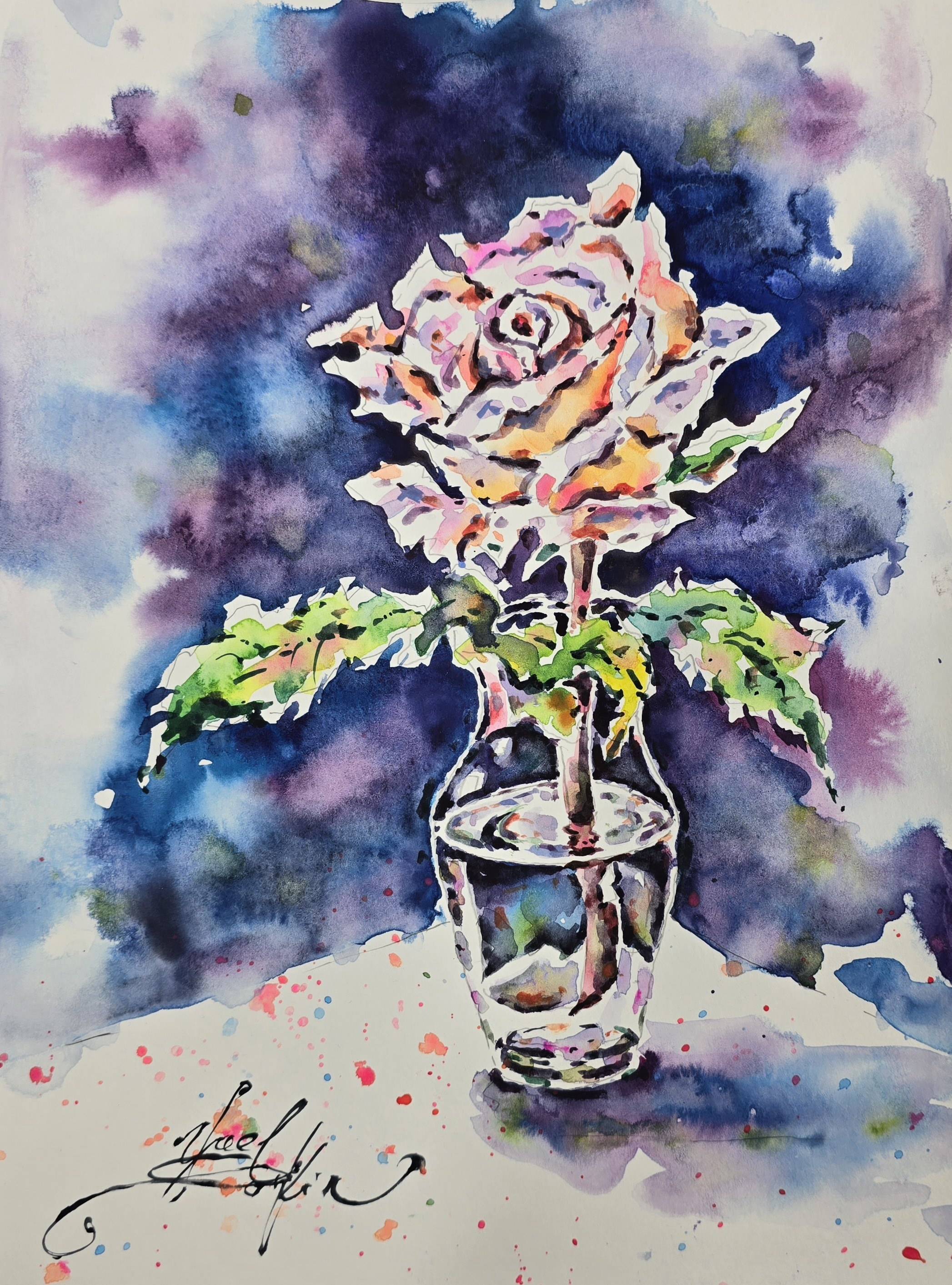 original watercolor painting of a single rose in a glass vase captures the timeless beauty and elegance of the flower by artist Yael Natali