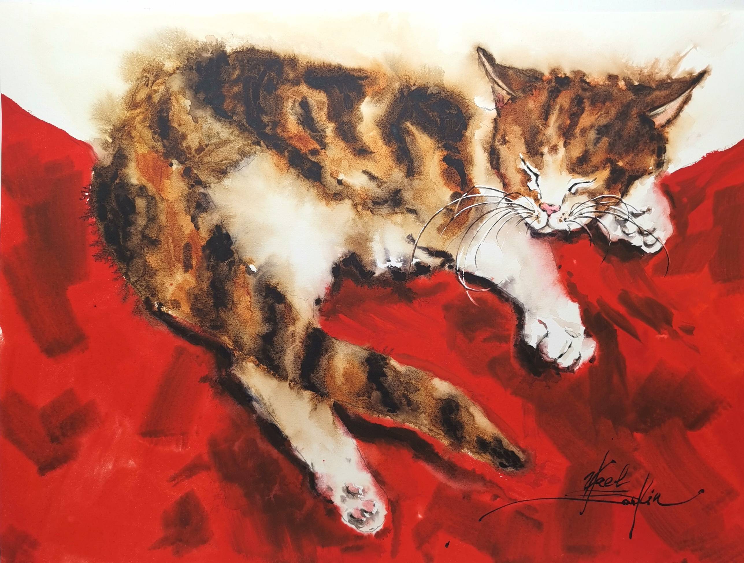 original watercolor painting of a sleeping ginger cat on a red background by artist Yael Natali