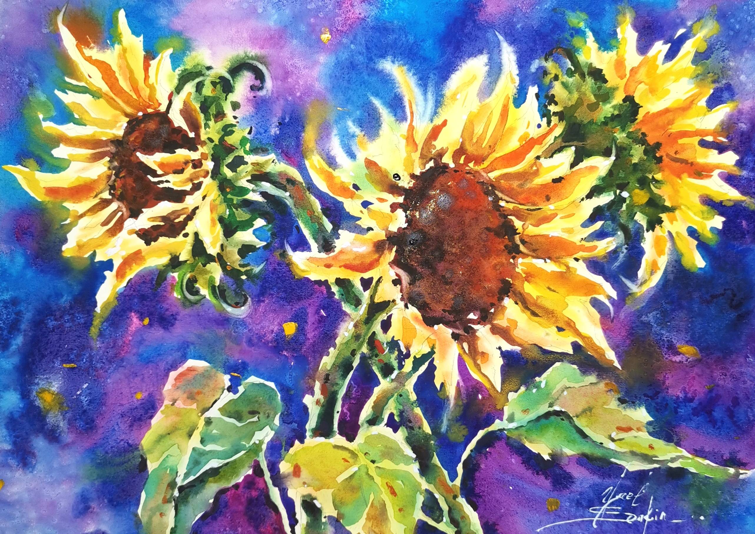 original watercolor painting of golden sunflowers with vibrant blue and violet background by artist yael natali