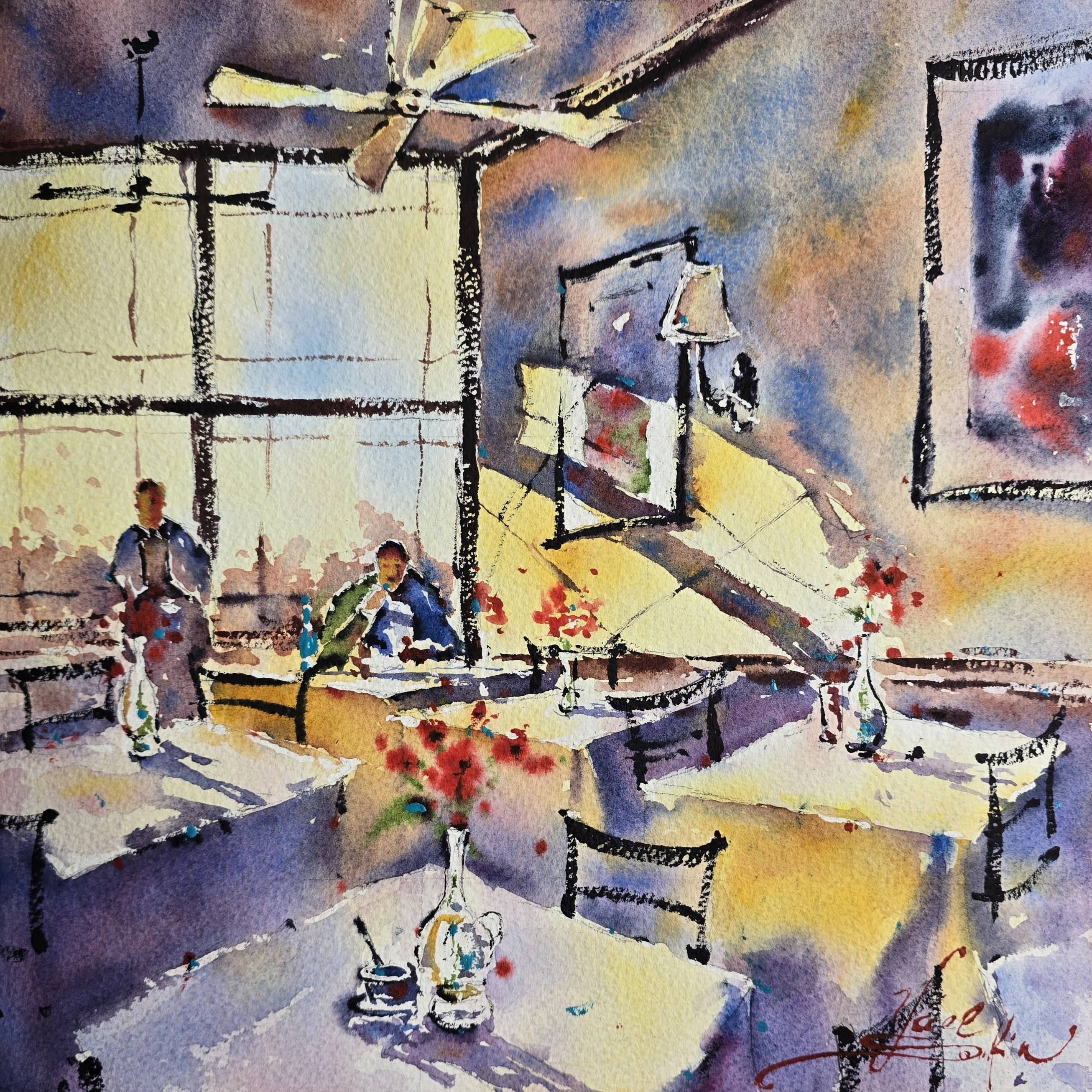 Original Watercolor Restaurant Interior Painting - Lunchtime Atmosphere Wall Art
