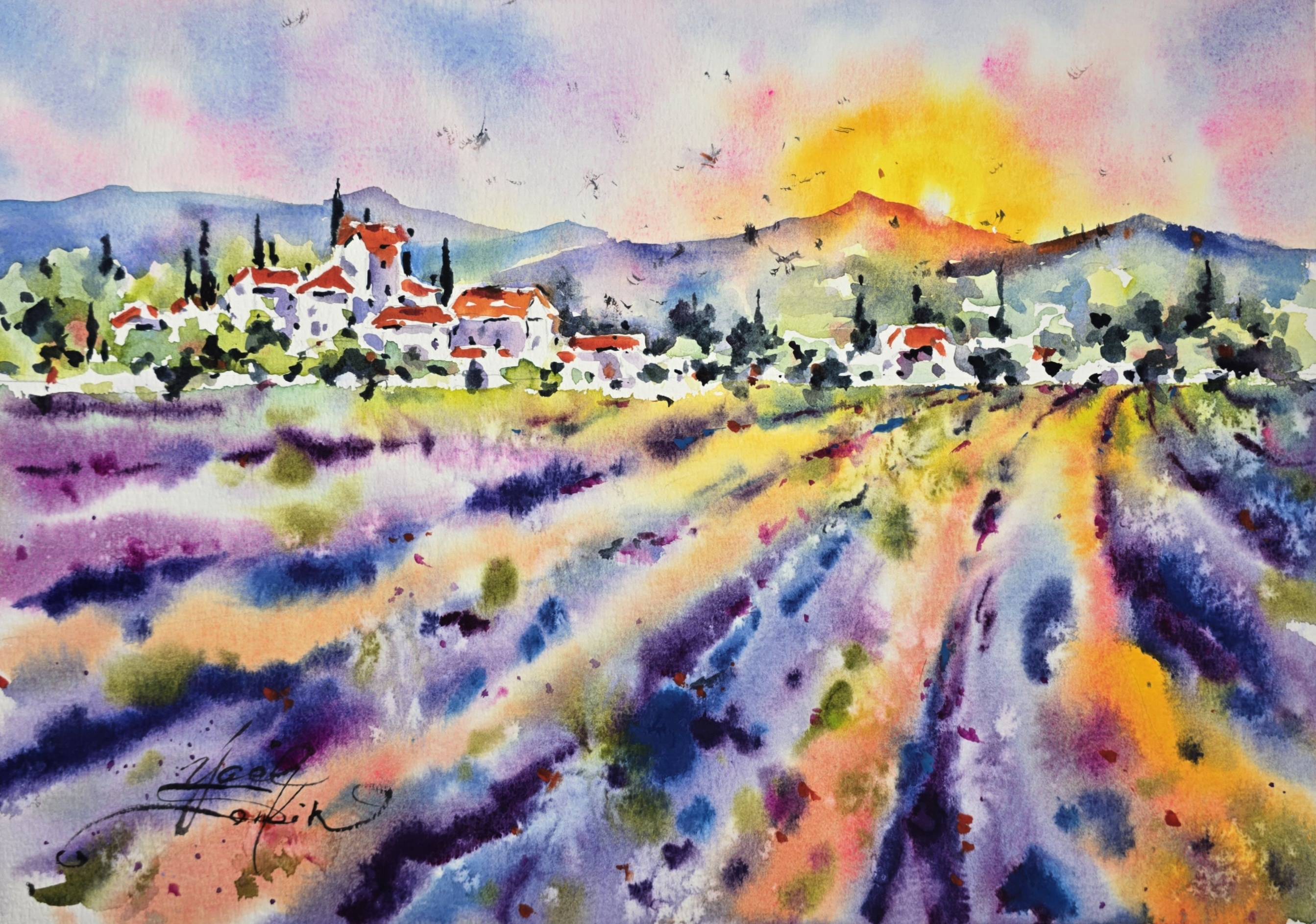 Lavender Fields at Sunset - Original Watercolor Landscape, Provence Wall Art