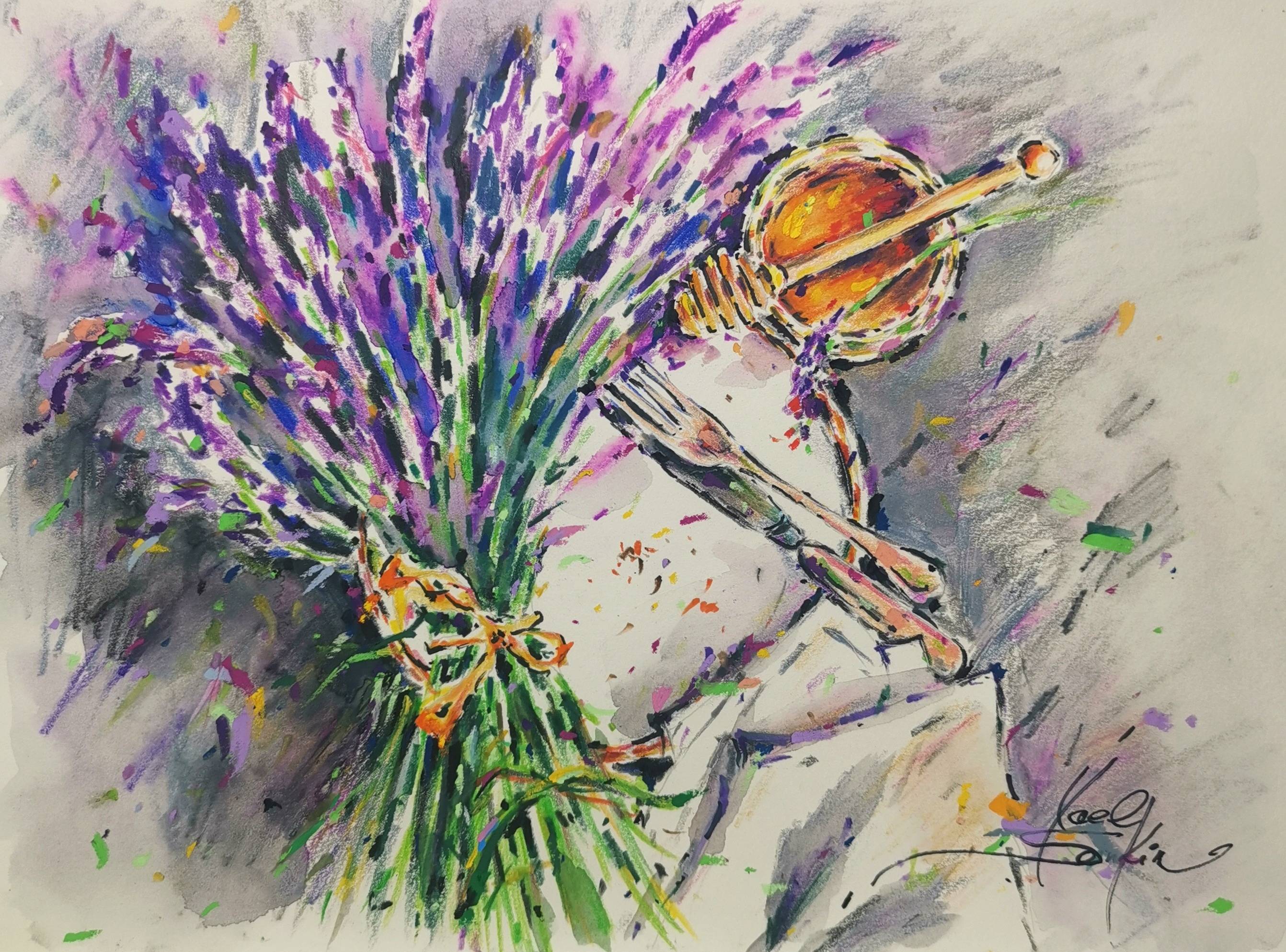 original watercolor pencil still life painting lavender and honey by yael natali, purple lavender bouquet with honey jar and napkin on table by Yael Natali