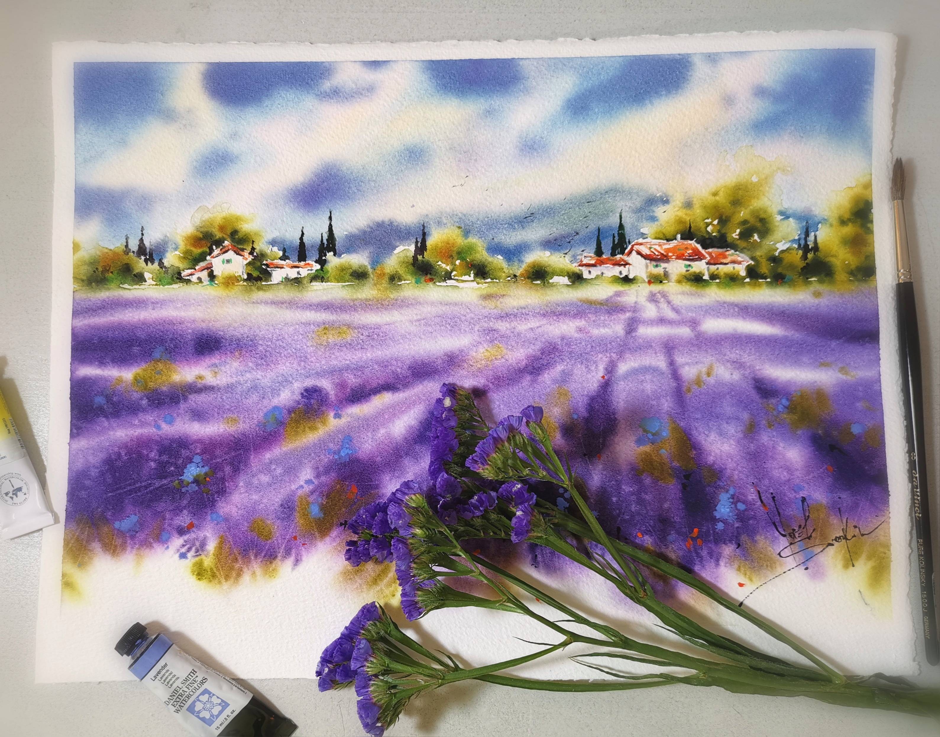 Provence Painting Original Watercolor Lavender Field Artwork France Landscape — image 2