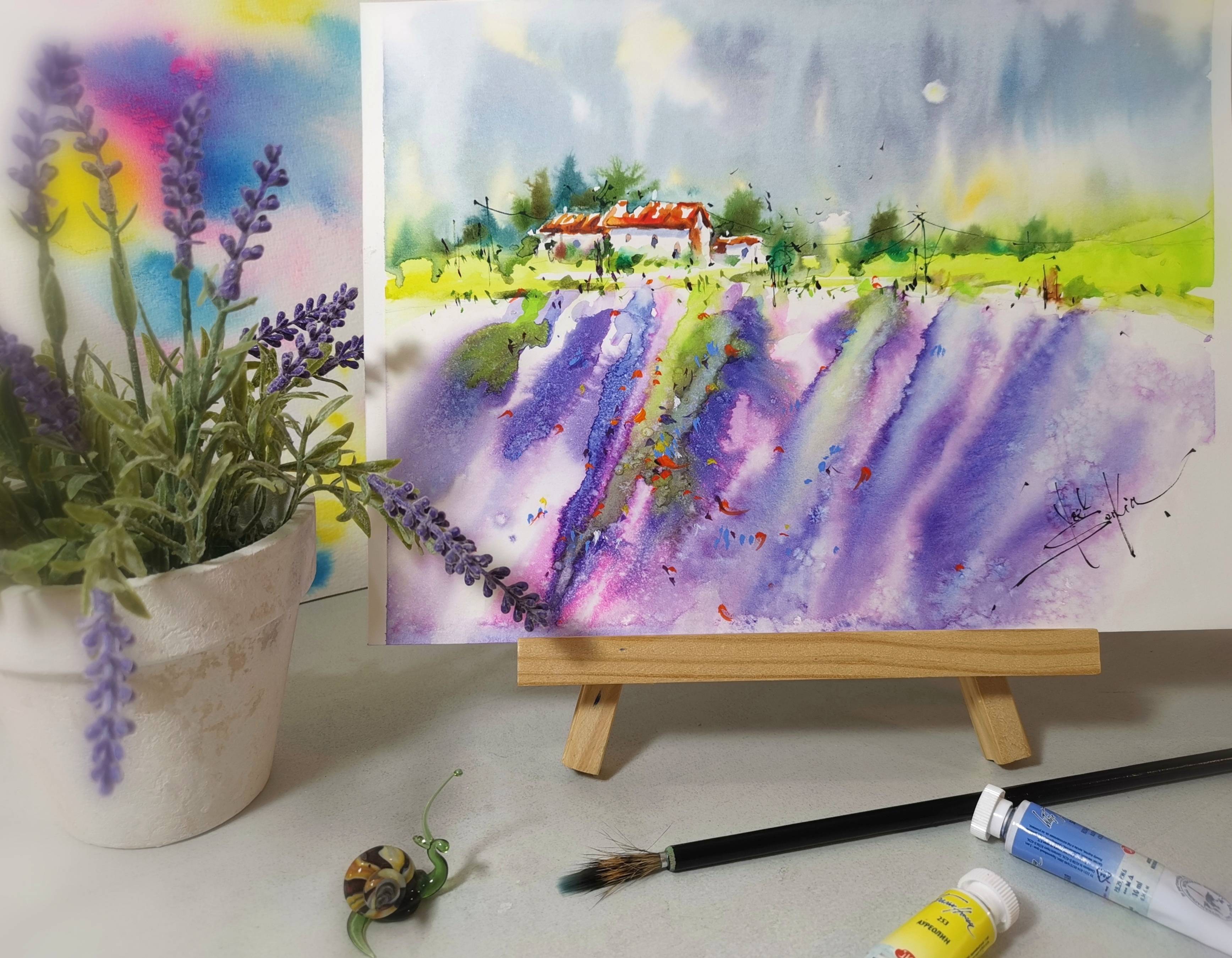 Tuscany Painting Original Watercolor Lavender Field Artwork  — image 2