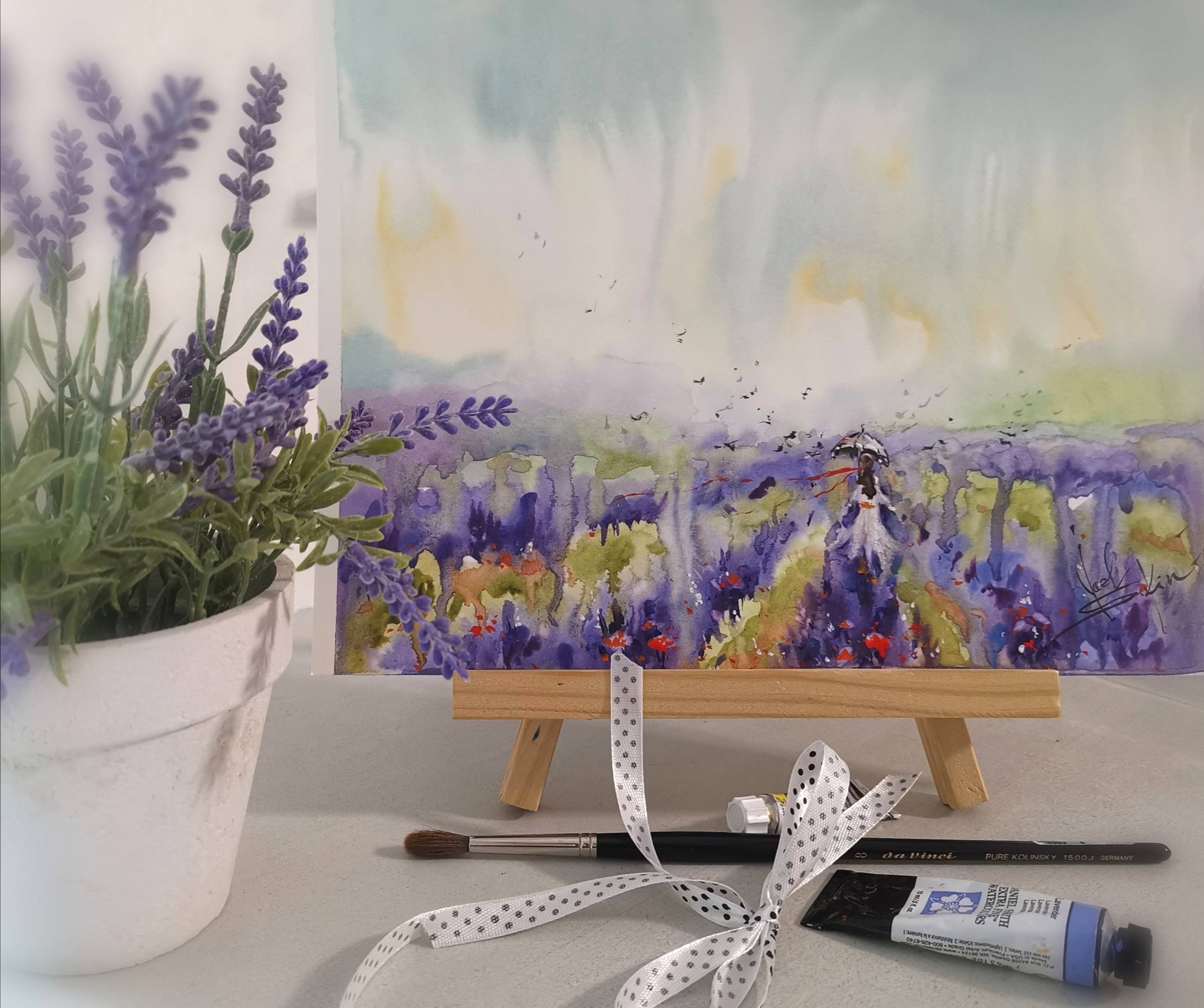 Lavender Painting Original Watercolor Tuscany Landscape  — image 2