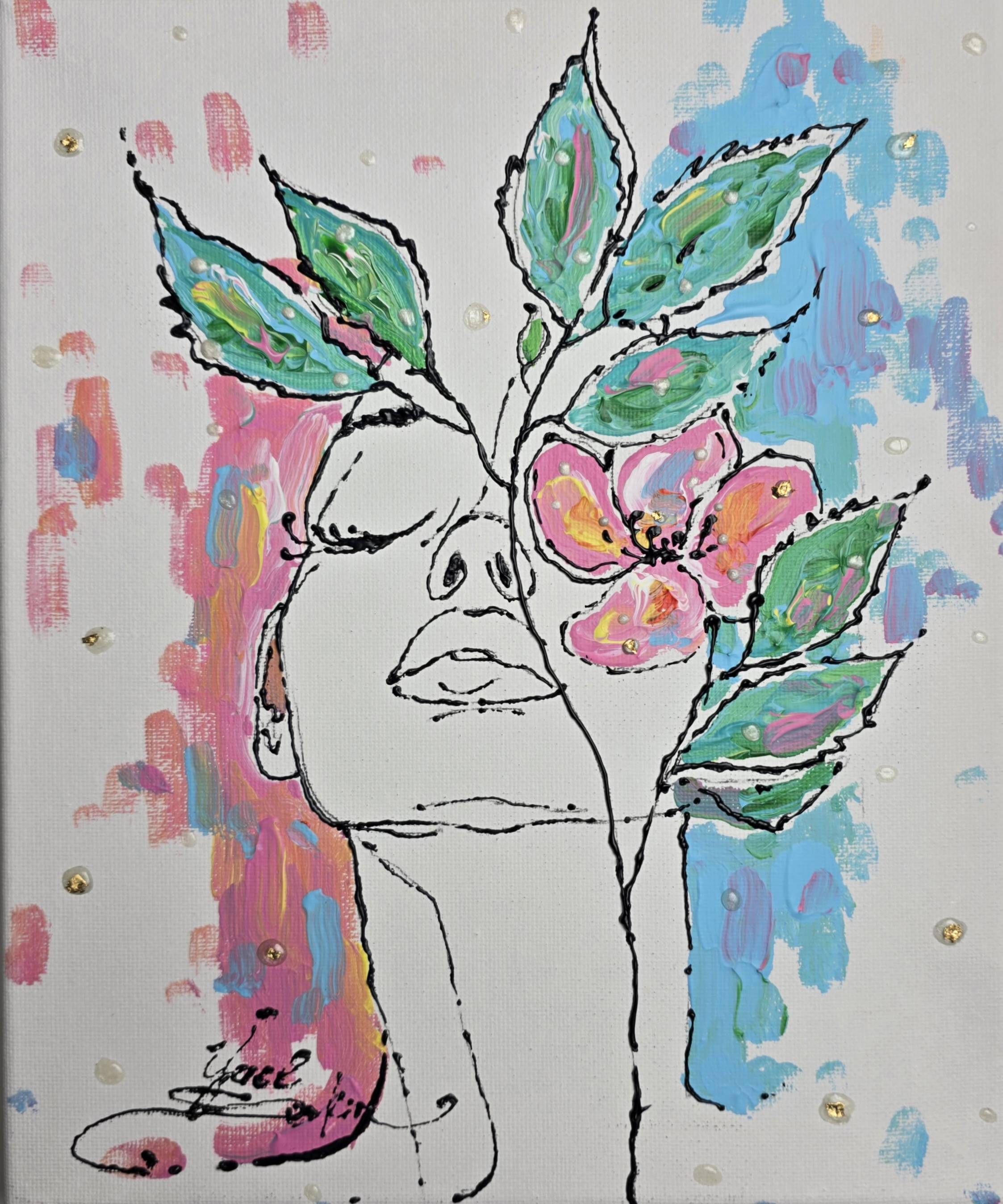 Floral Woman Acrylic Painting, Original Modern Portrait Wall Art on Canvas
