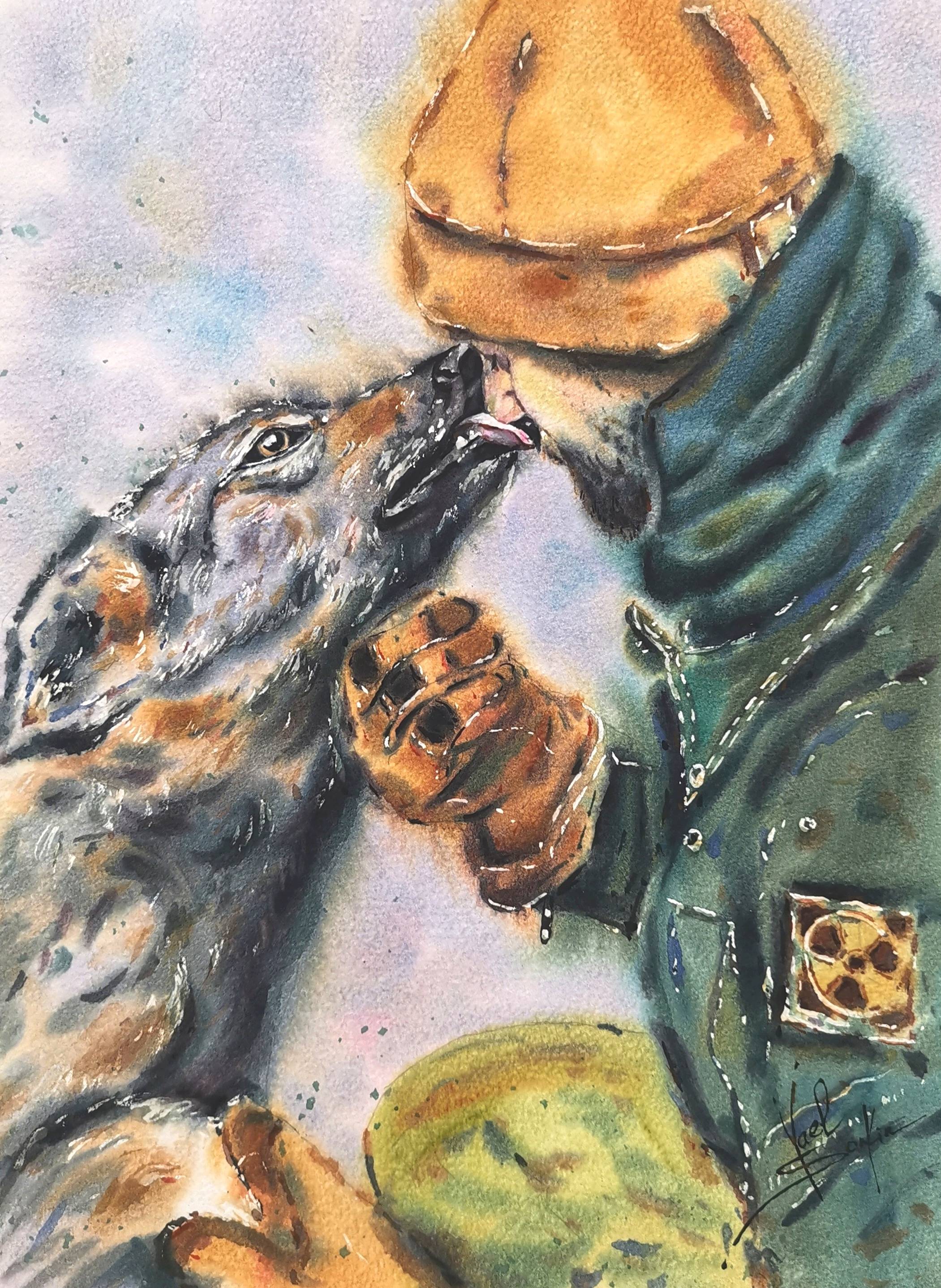 original watercolor artwork depicting a man and his dog in a loving embrace, symbolizing trust and companionship by artist Yael Natali