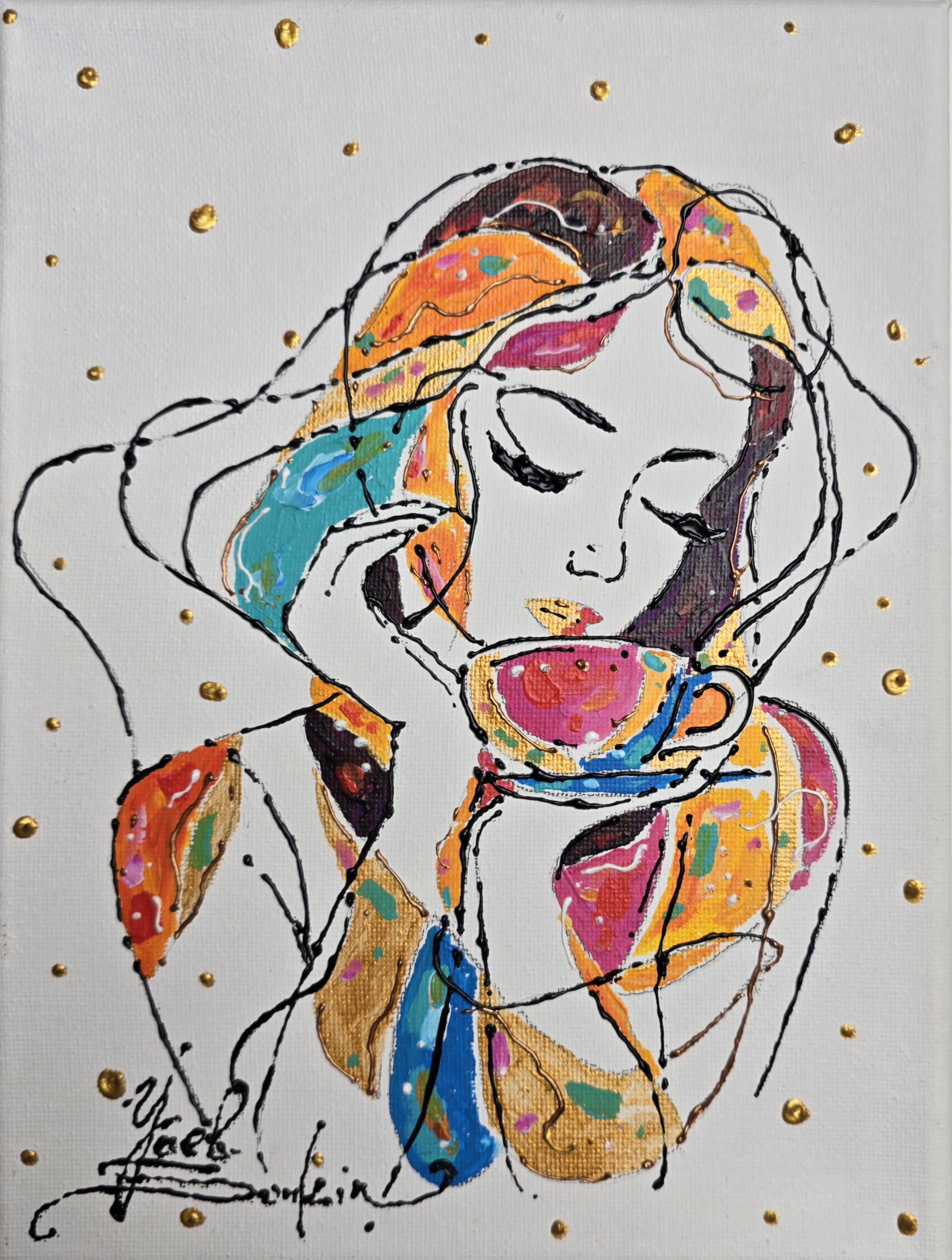 Woman with Coffee Cup Acrylic Painting, Original Modern Portrait Wall Art on Canvas