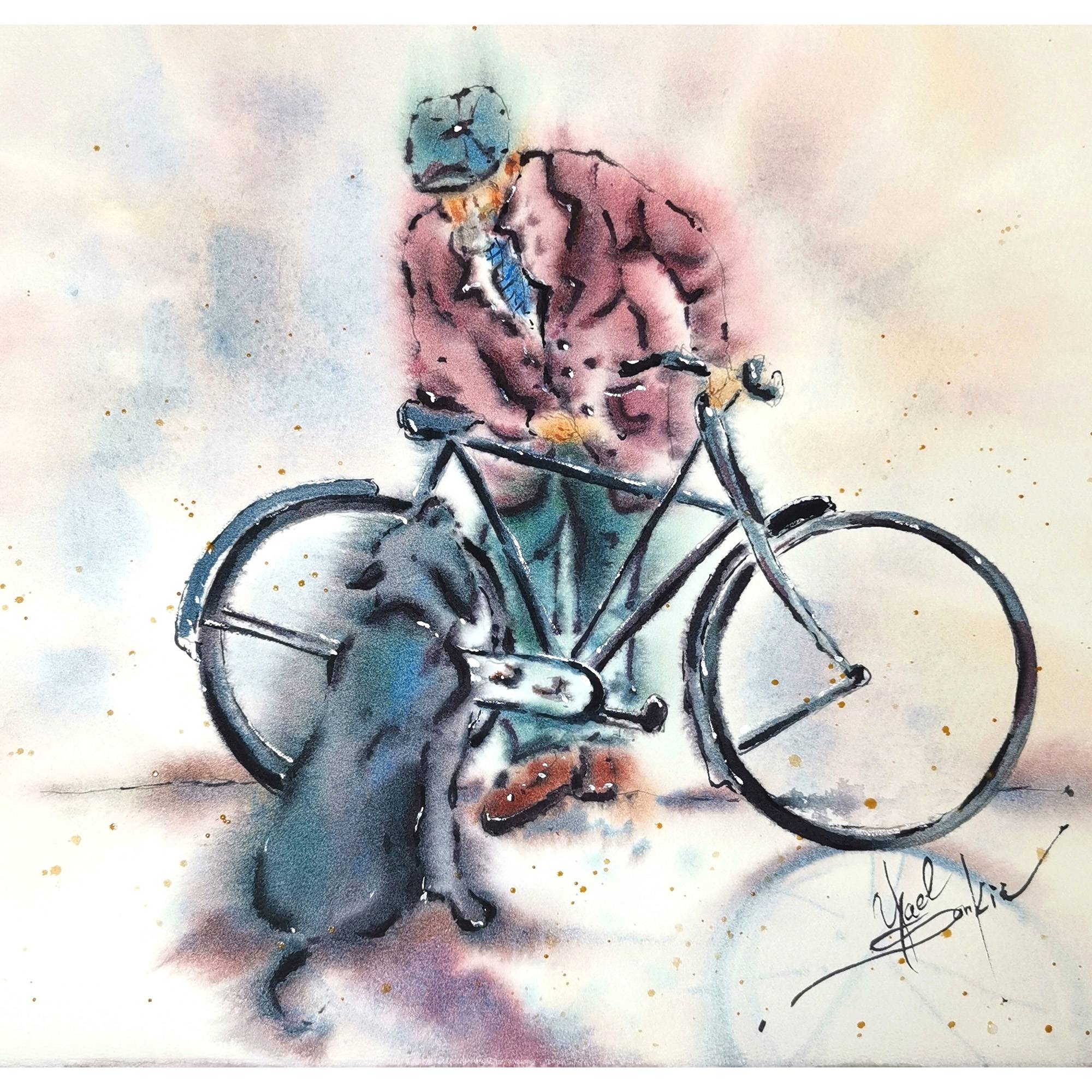 original watercolor paintingby artist Yael Natali - a man in casual clothes stands with his bicycle on the street while a loyal black dog sits at his side, painted in soft expressive tones