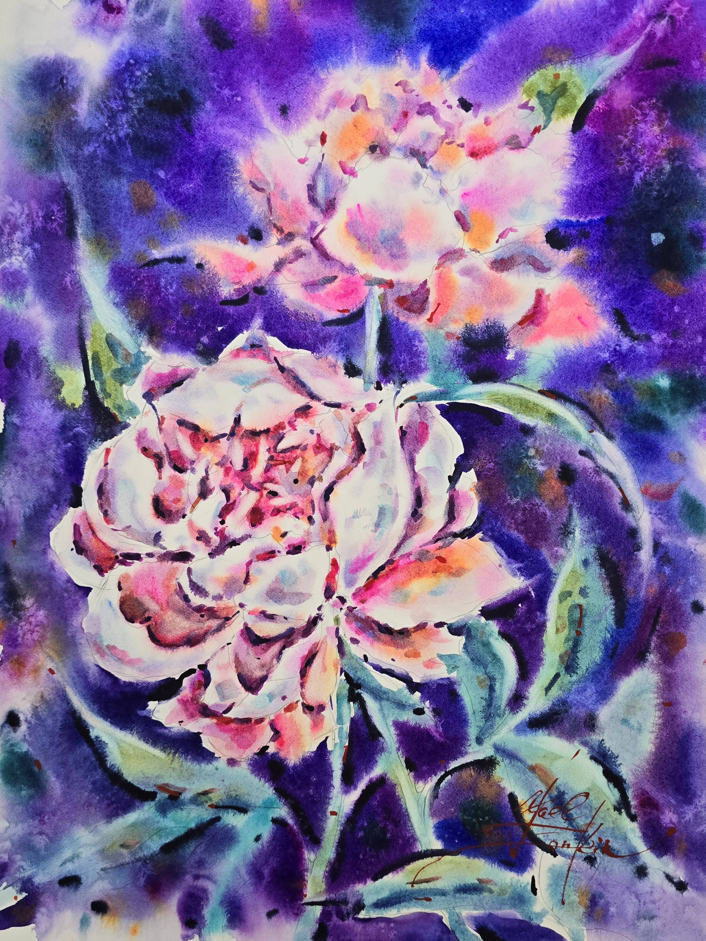 original watercolor painting of blooming pink and purple peonies, hand-painted floral artwork on professional watercolor paper, signed by the artist Yael Natali