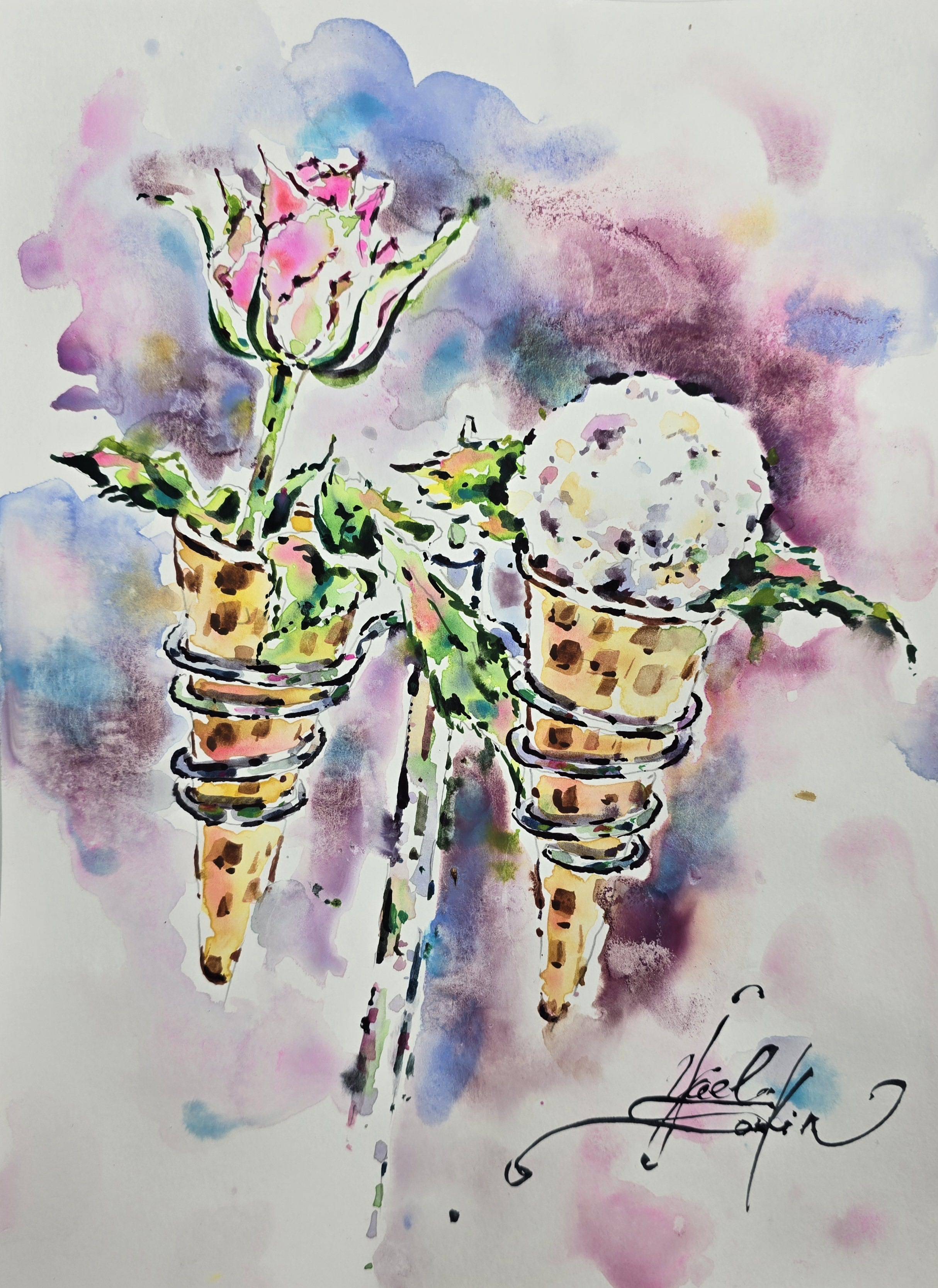 whimsical original watercolor painting combines the elegance of a pink rose with the playful charm of an ice cream cone by artist Yael Natali