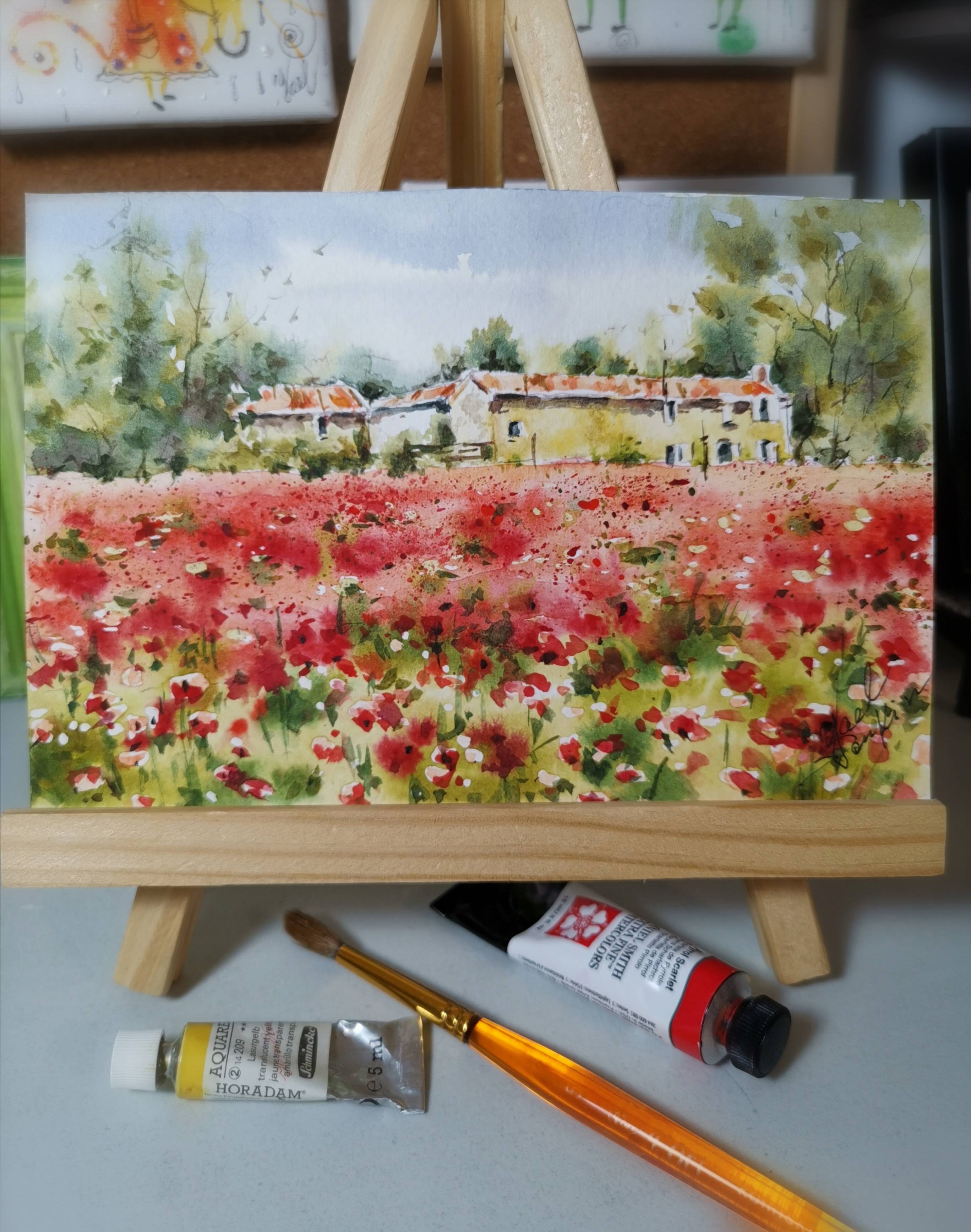 Tuscany Painting Original Watercolor Poppy Field Artwork  — image 2