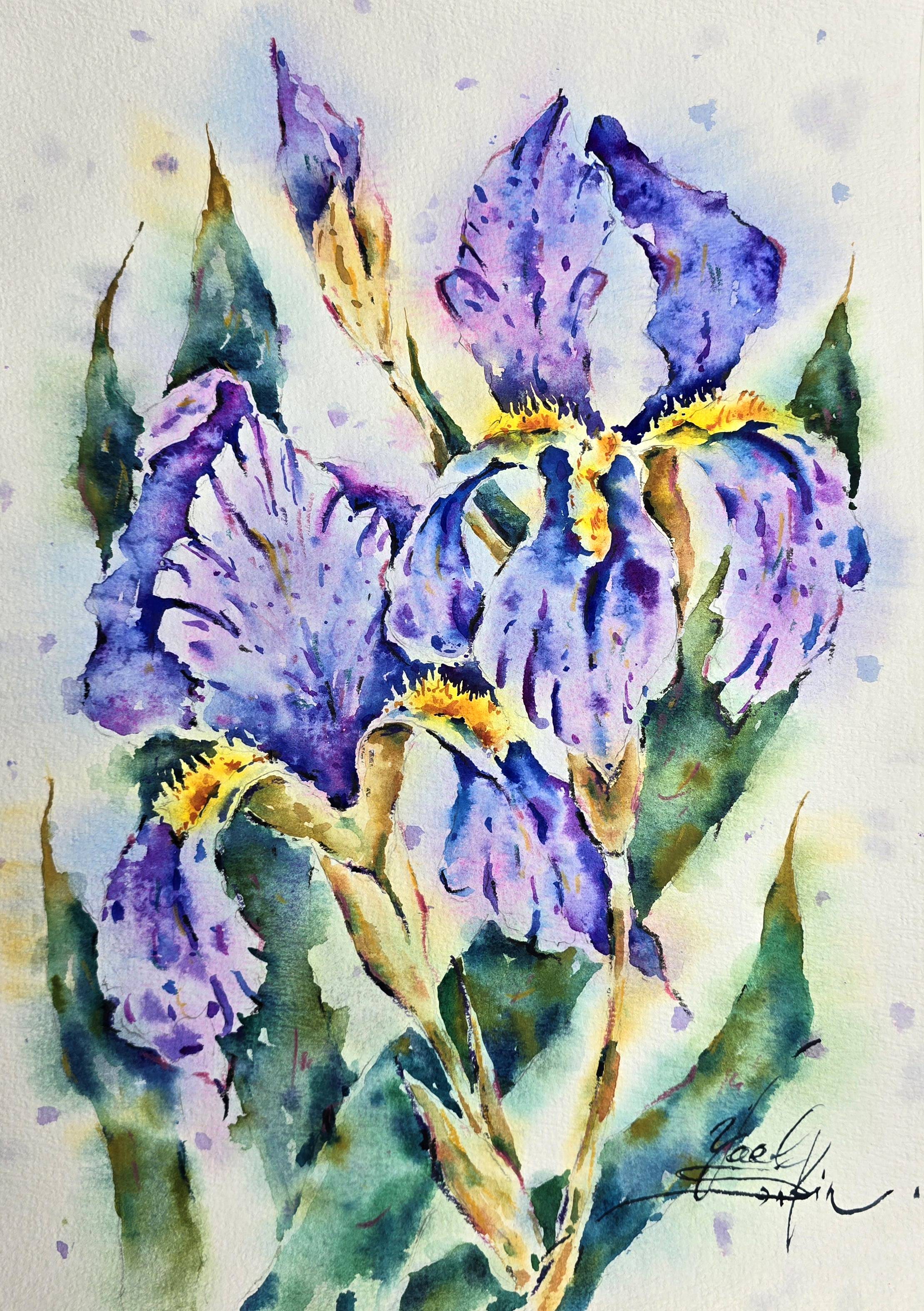 original watercolor painting captures the delicate elegance of the purple iris flower in a vibrant and expressive style by artist Yael Natali