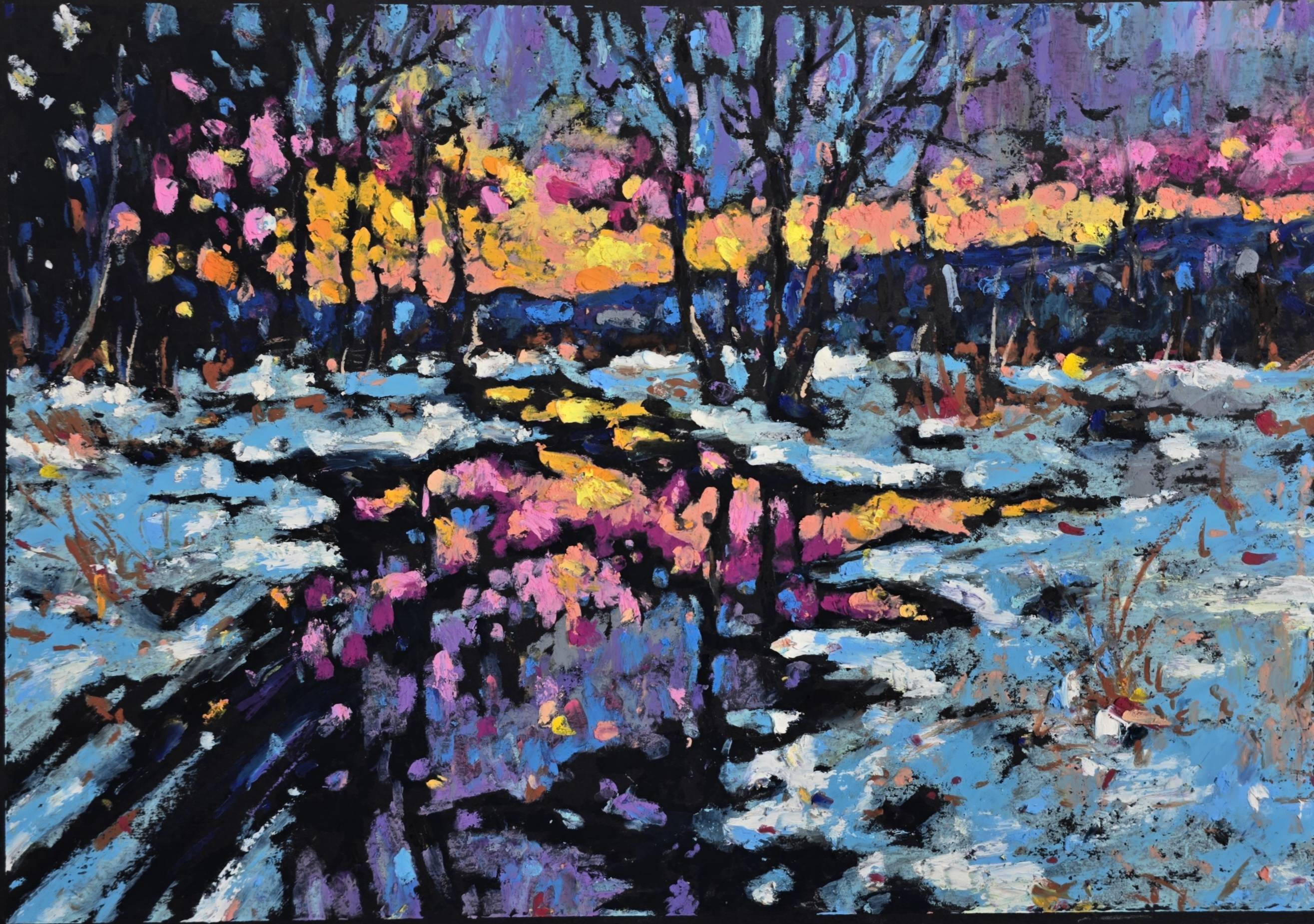 Original Winter Sunset Oil Pastel Painting - Winter Landscape Wall Art