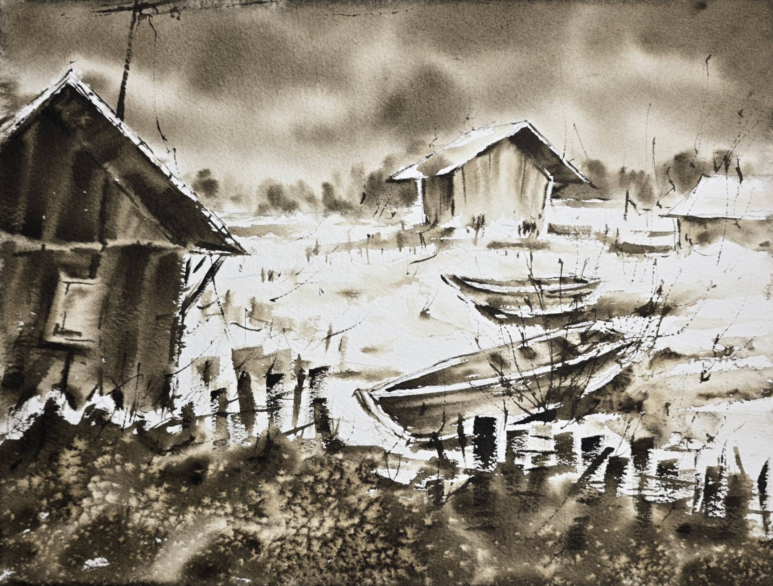 Monochrome Winter Landscape Painting - Original Snowy Village in Watercolor
