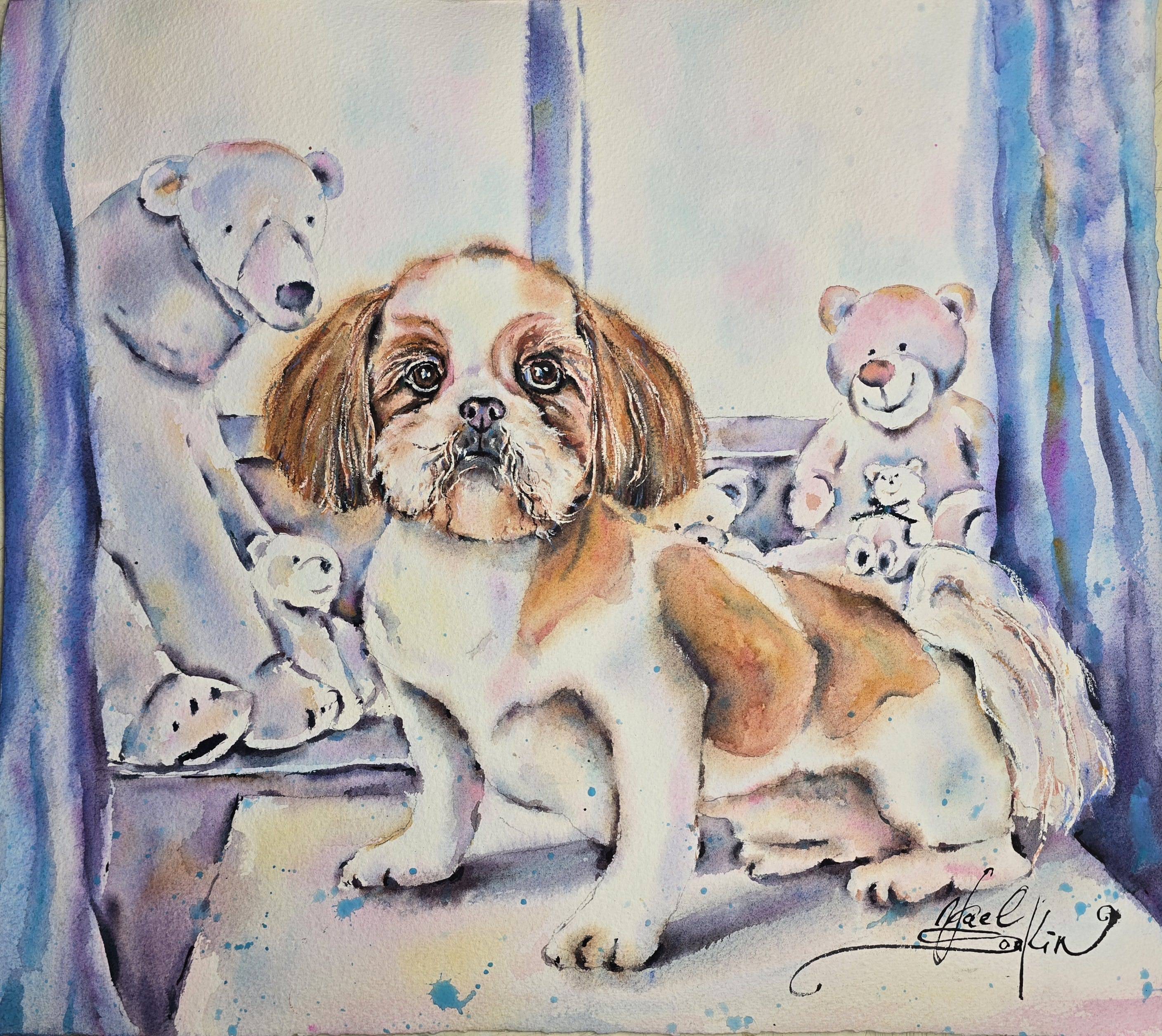 original watercolor painting features a charming Shih Tzu puppy surrounded by teddy bears, blending tenderness, playfulness, and vibrant artistic expression by artist Yael Natali