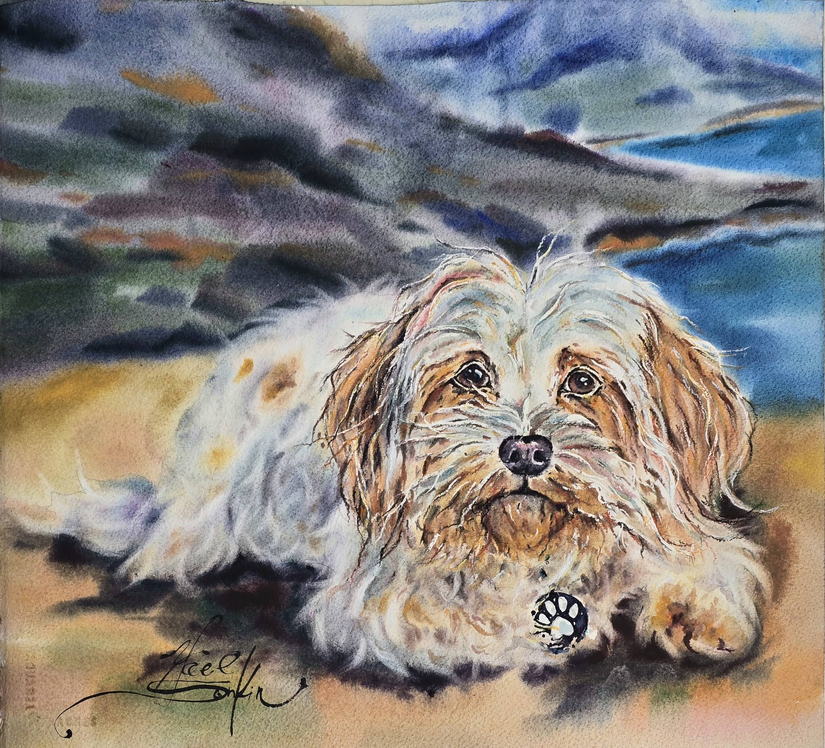 watercolor painting of a Shih Tzu dog resting in nature with a scenic background of mountains and sea by artist Yael Natali