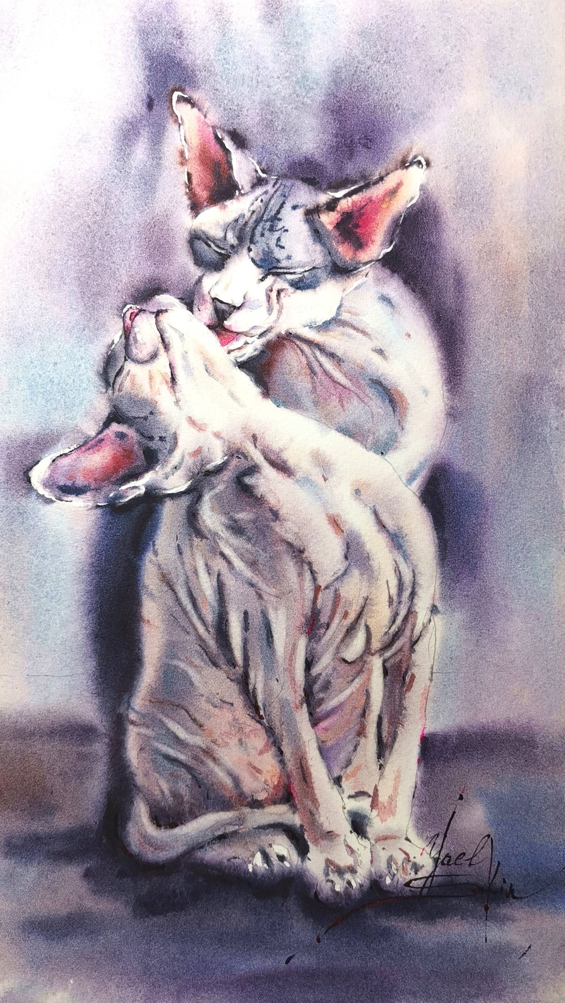original watercolor painting of two Sphynx cats grooming each other, tender feline love artwork by Yael Natali in soft purple and gray tones