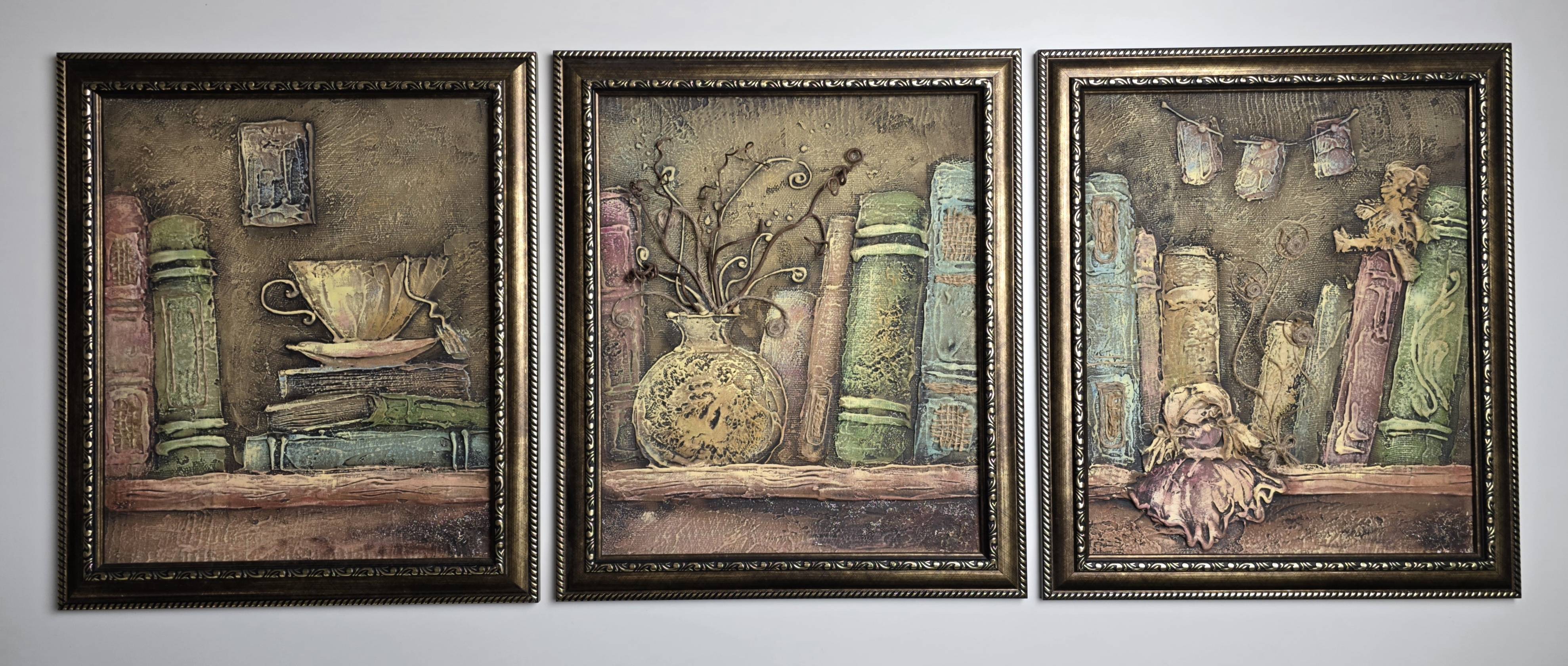 Framed Wall Art for Living Room, Vintage Bookshelf Triptych, Mixed Media Painting 