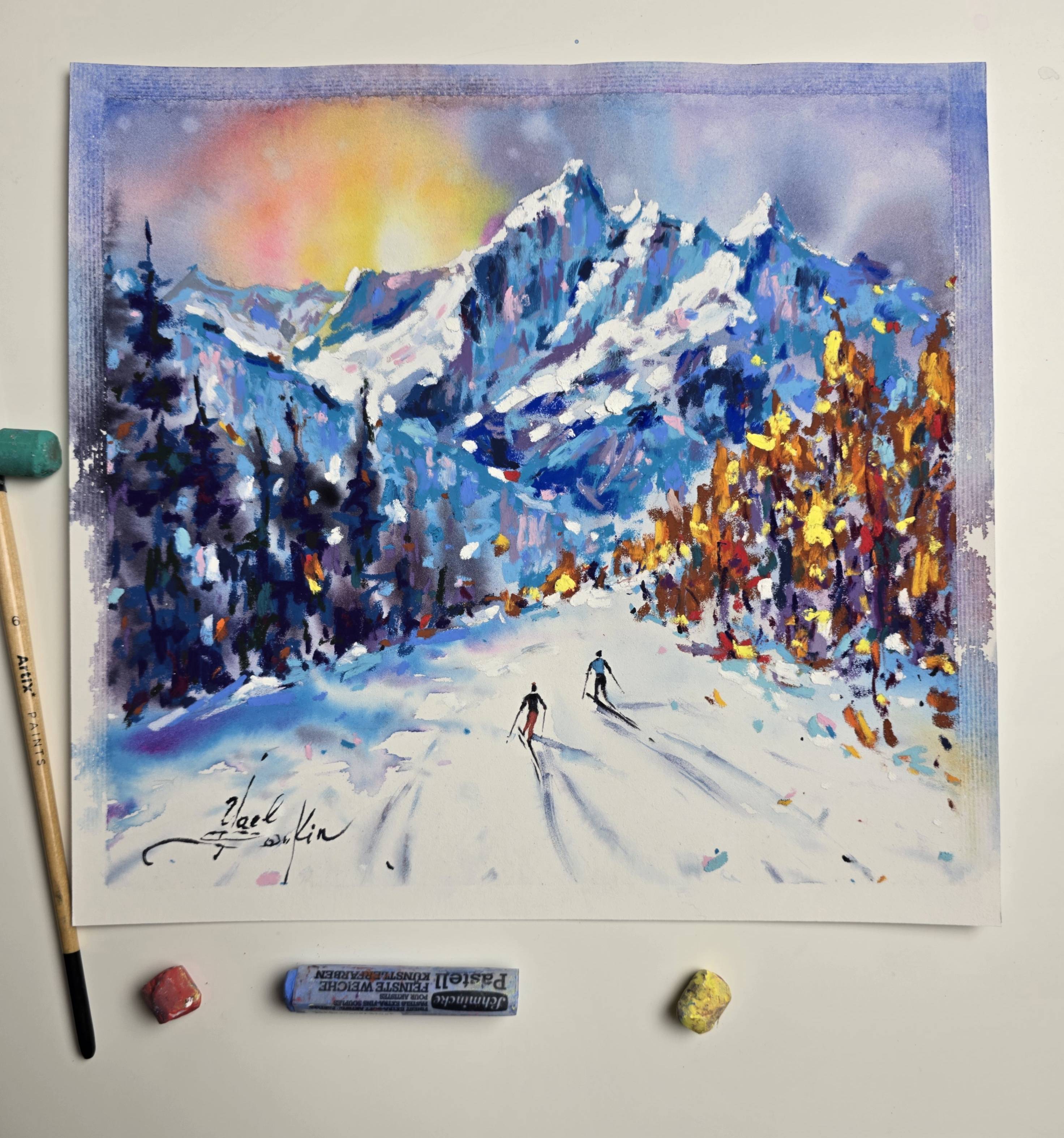 Original Mixed Media Skiing Painting - Winter Landscape Wall Art — image 2