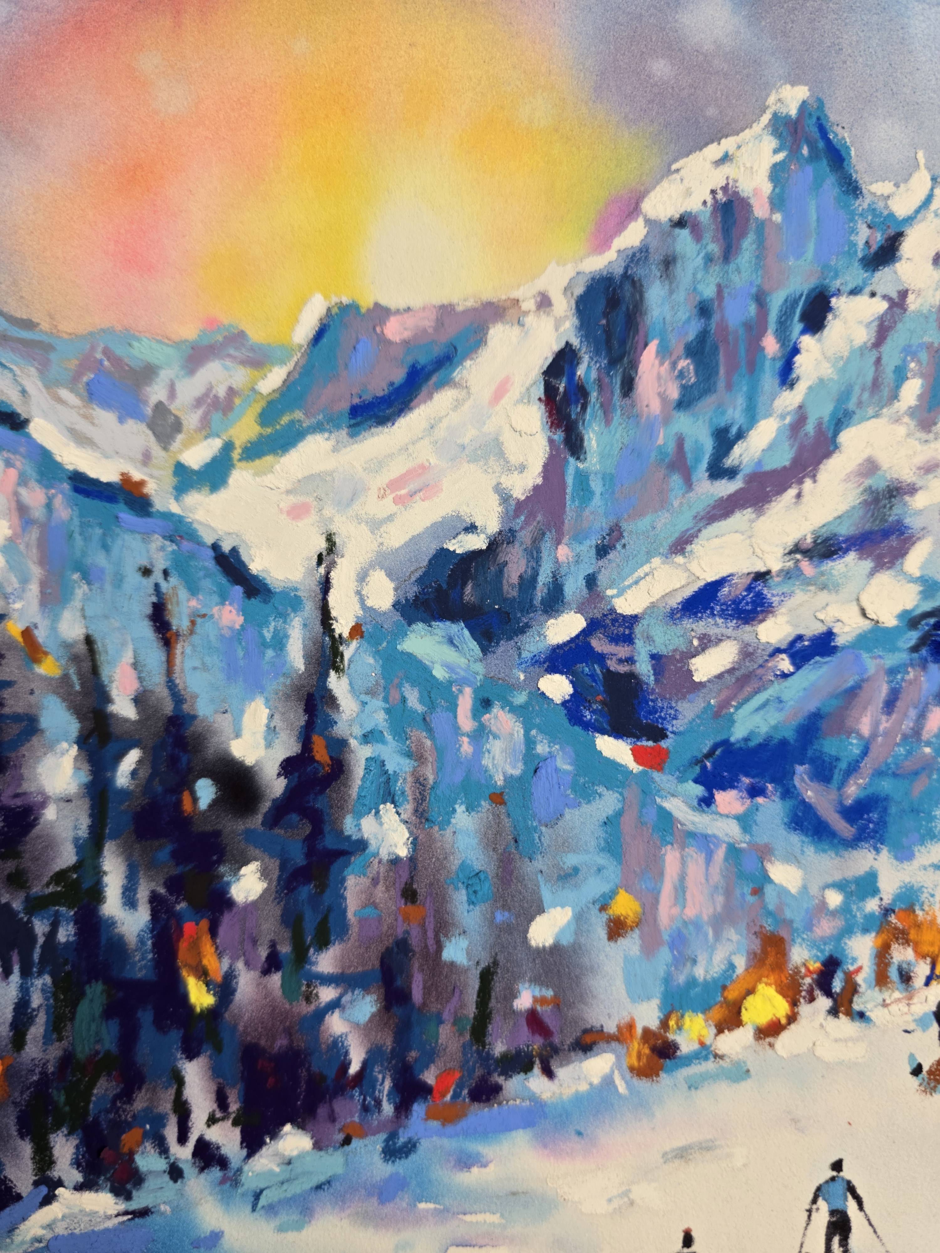 Original Mixed Media Skiing Painting - Winter Landscape Wall Art — image 4