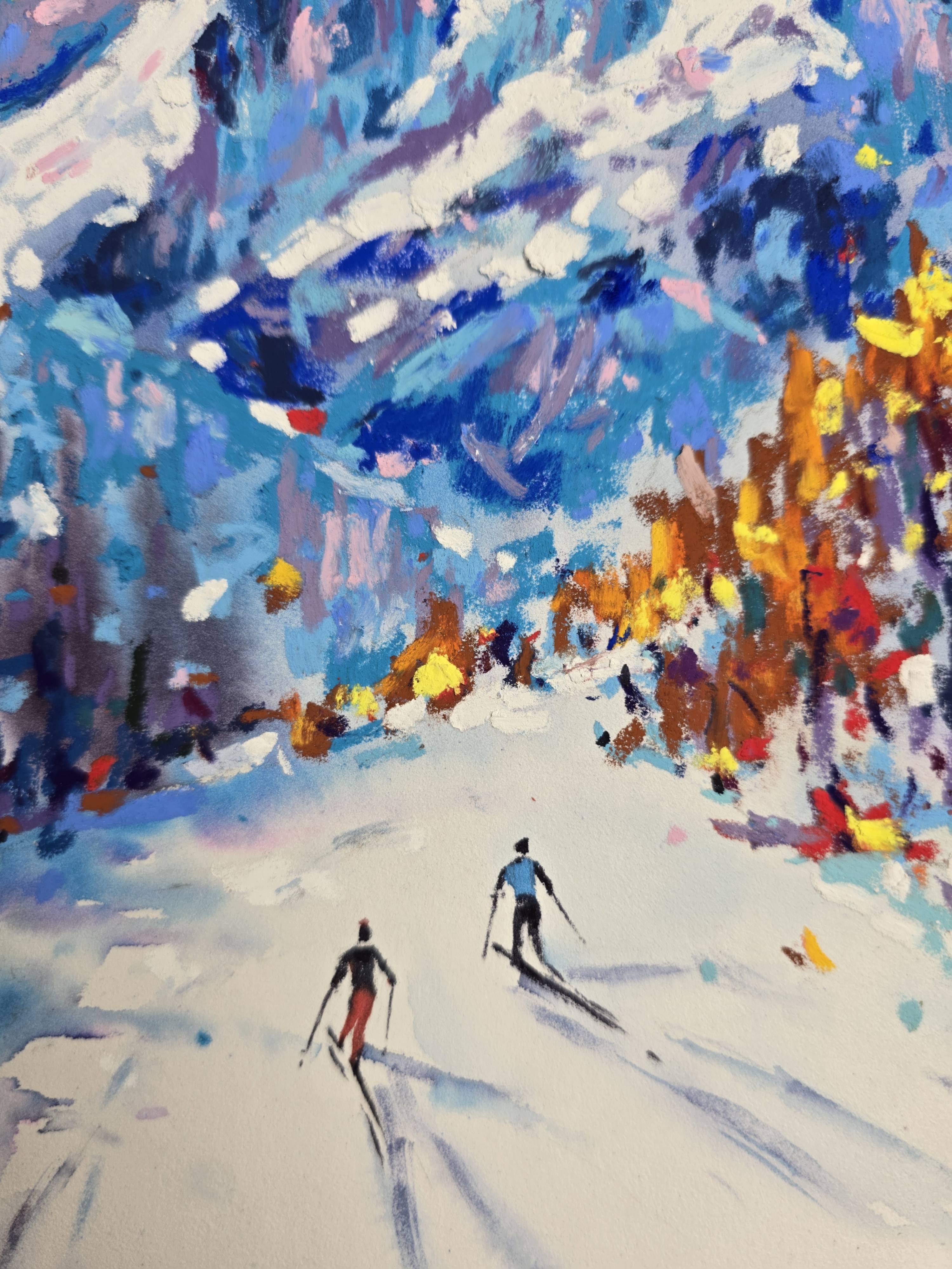 Original Mixed Media Skiing Painting - Winter Landscape Wall Art — image 3