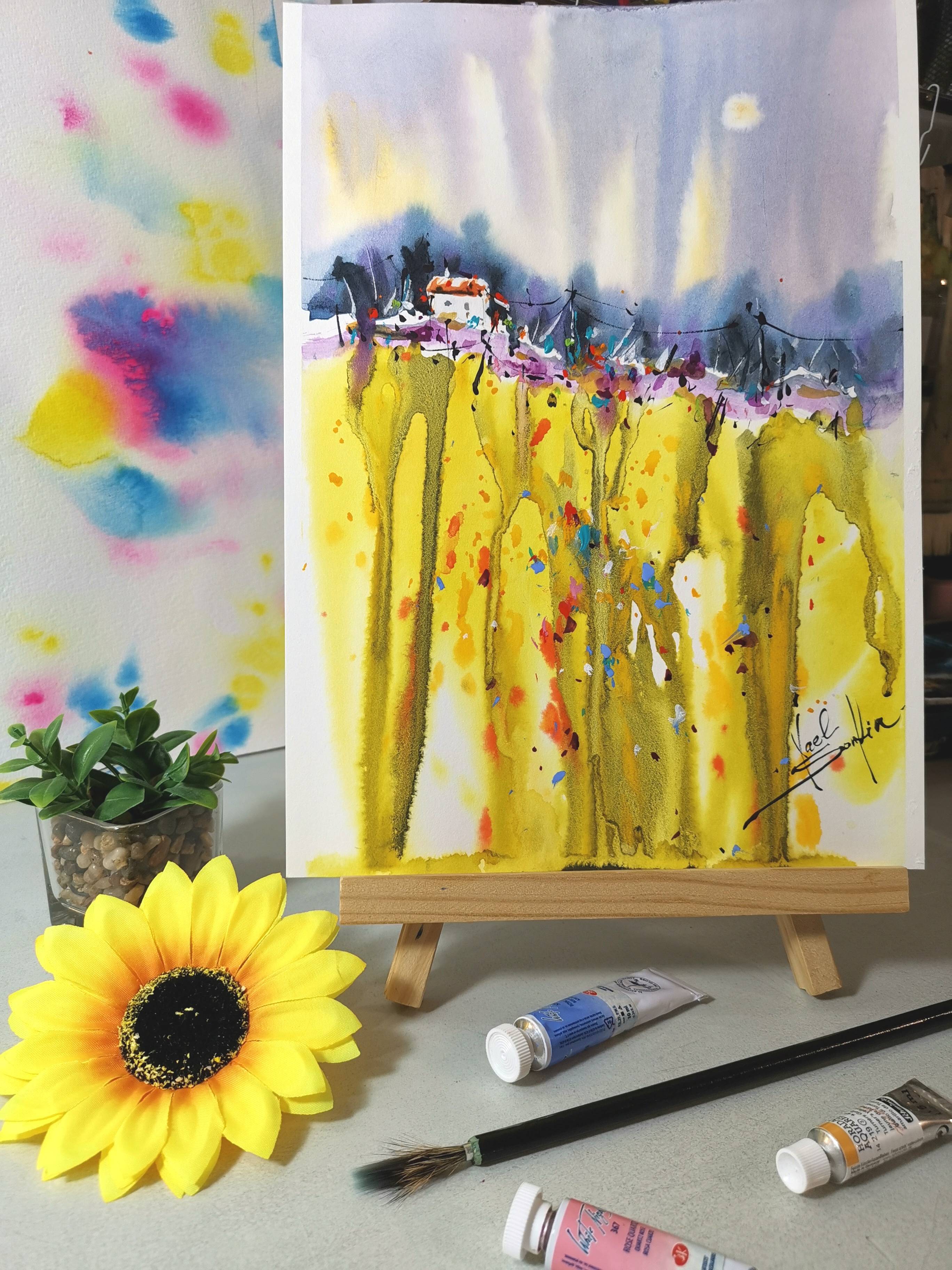 Tuscany Painting Original Watercolor Rapessed Field Artwork  — image 2