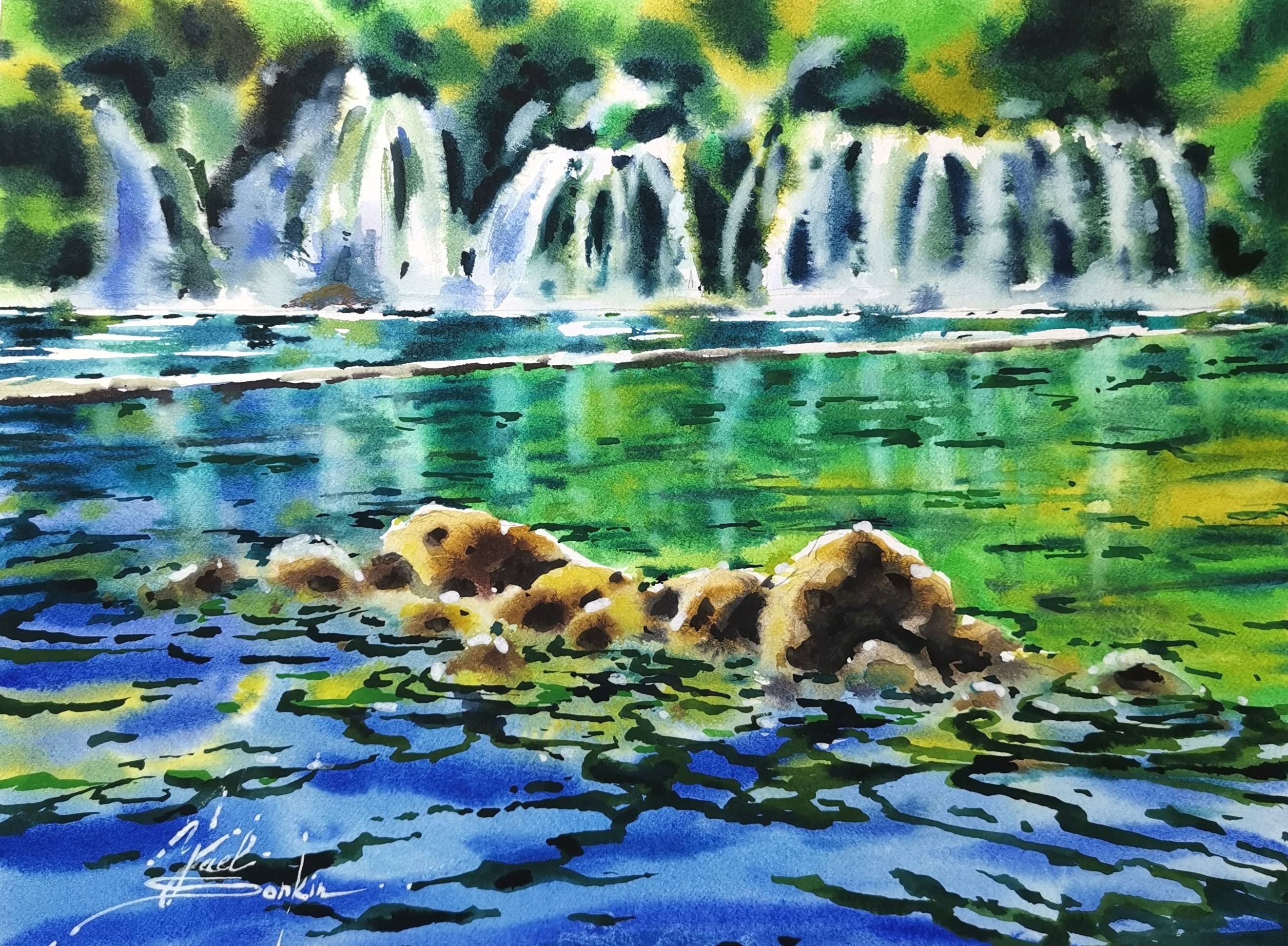 Original watercolor painting of Krka Waterfalls in Croatia by artist Yael Natali. Vibrant landscape artwork depicting cascading waterfalls, emerald green reflections, and sunlight over tranquil river water. Hand-painted nature scene, ideal for landscape and travel art lovers